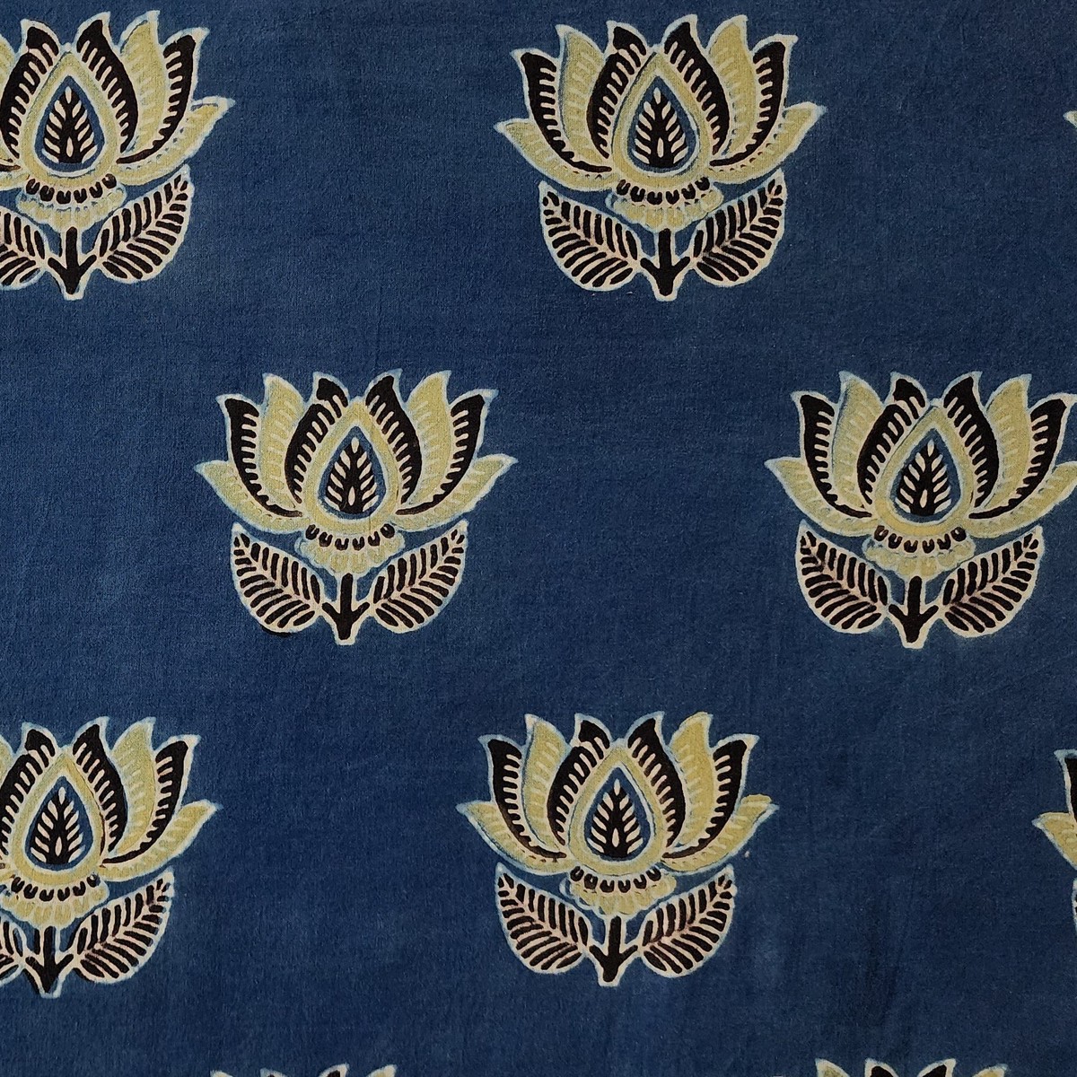 Pure Cotton Ajrak Rust Blue With Green Lotus Flower Motif Hand Block Print Fabric