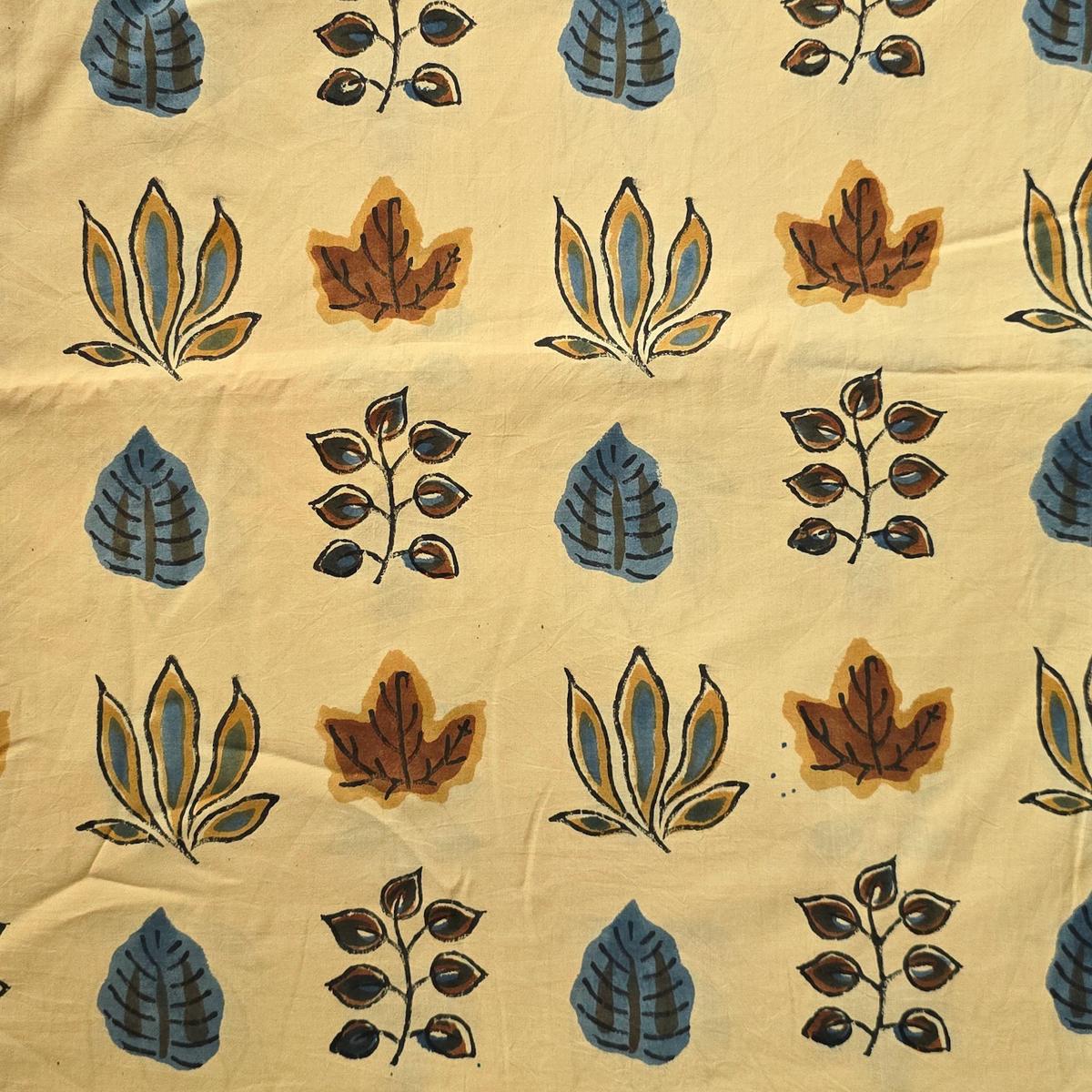 Pure Cotton Jaipuri Beige With Blue Different Types Of Leaves Hand Block Print Fabric