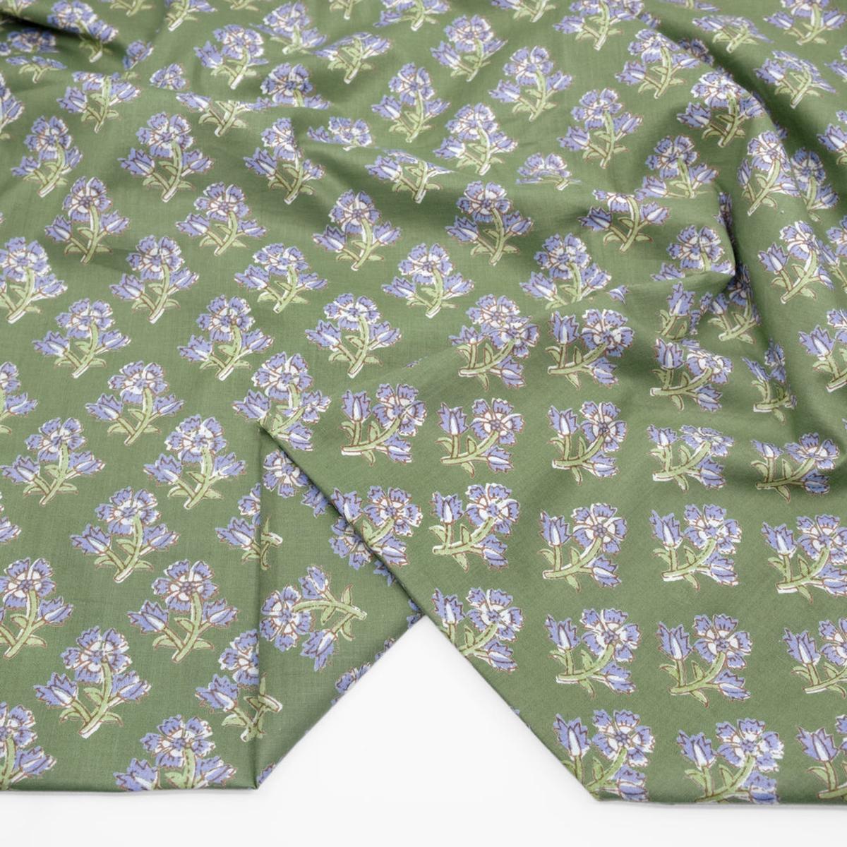 Bloom Block Printed Organic Cotton Batiste - Celadon/Periwinkle