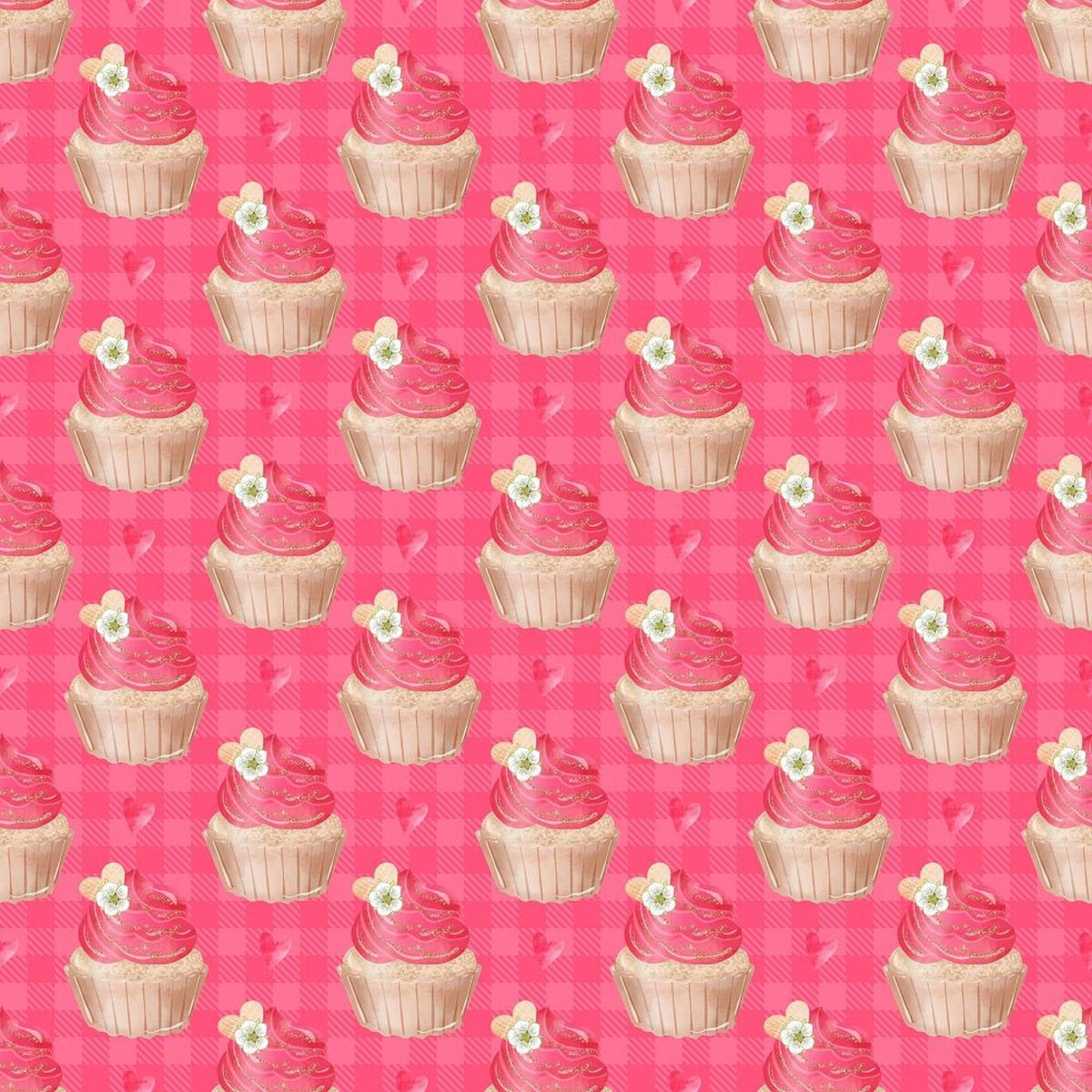 Strawberry Cupcakes on Plaid Fabric - Pink