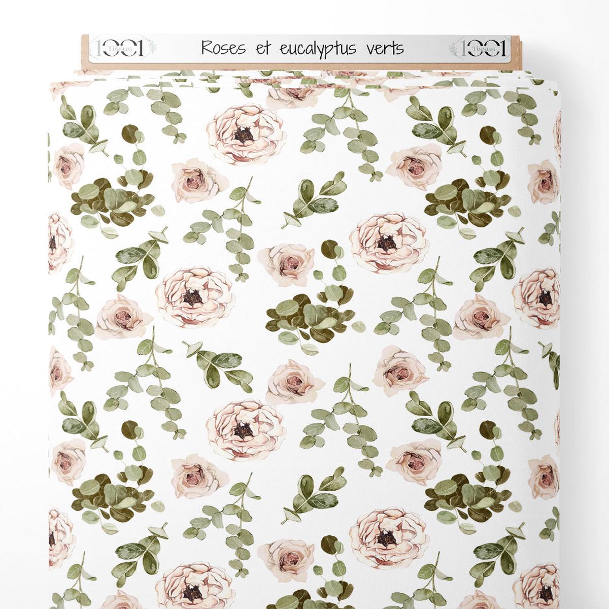 Tissu - Roses et eucalyptus verts