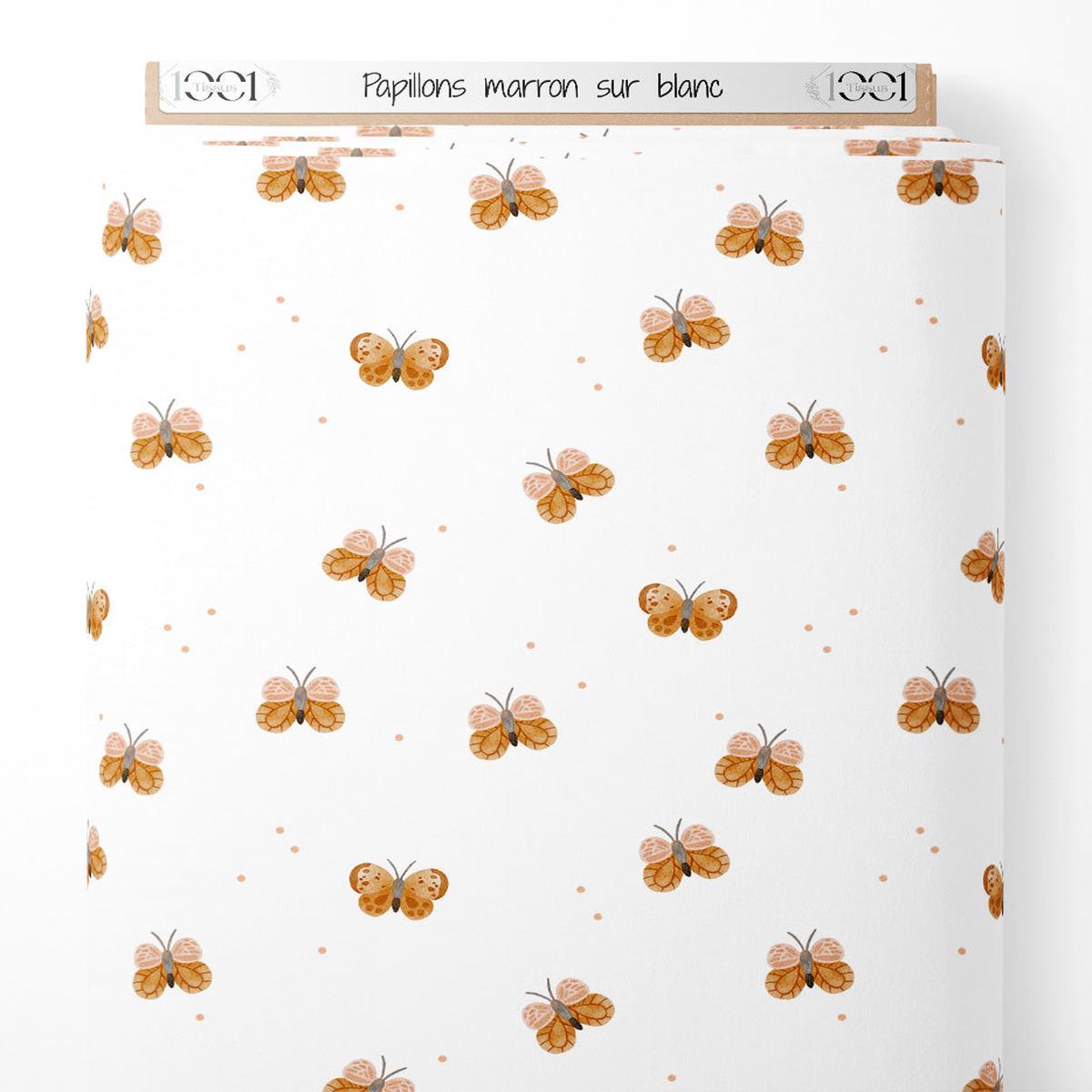 Tissu - Papillons marron sur blanc
