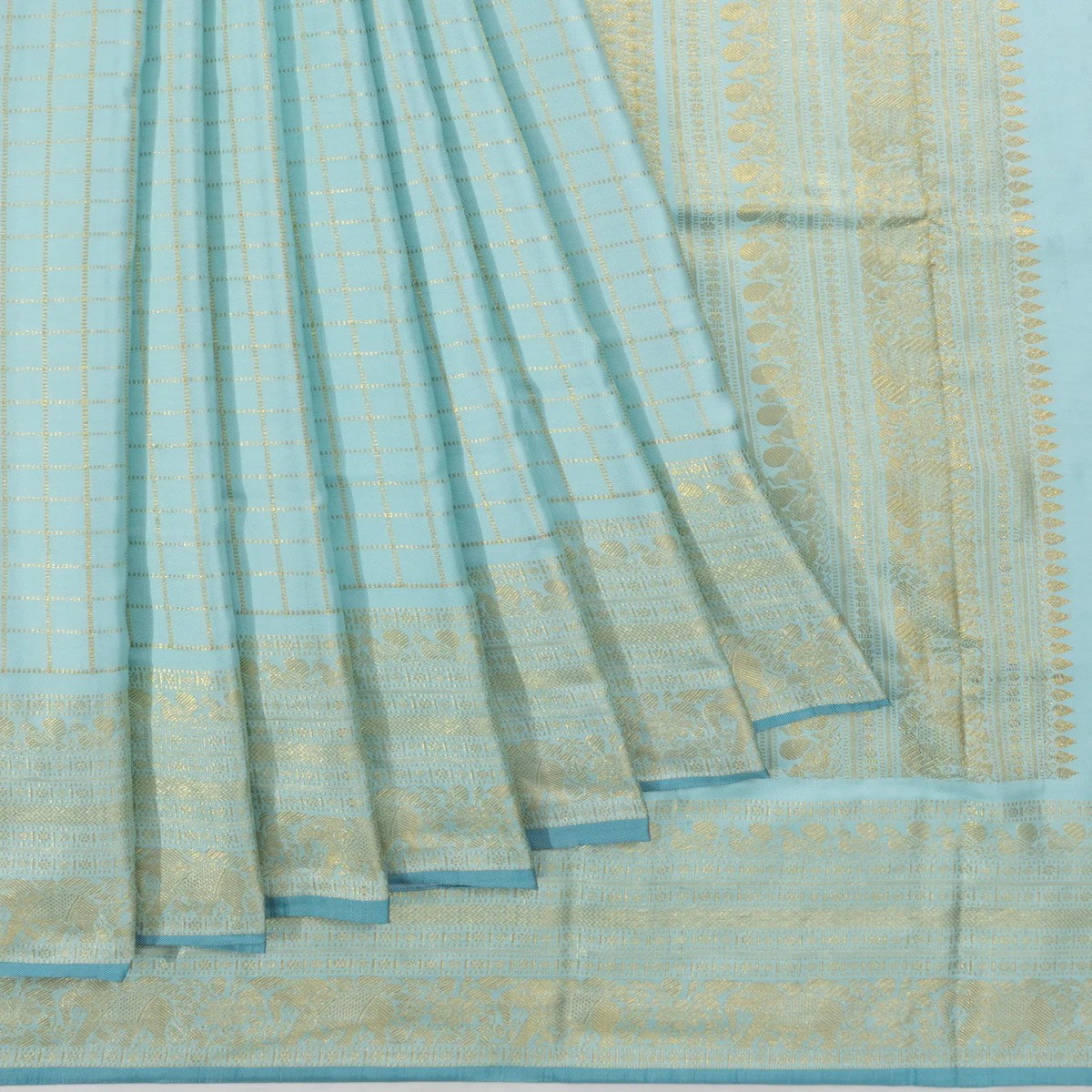Classic Kanchipuram Silk Twill Checks Sky Blue Saree