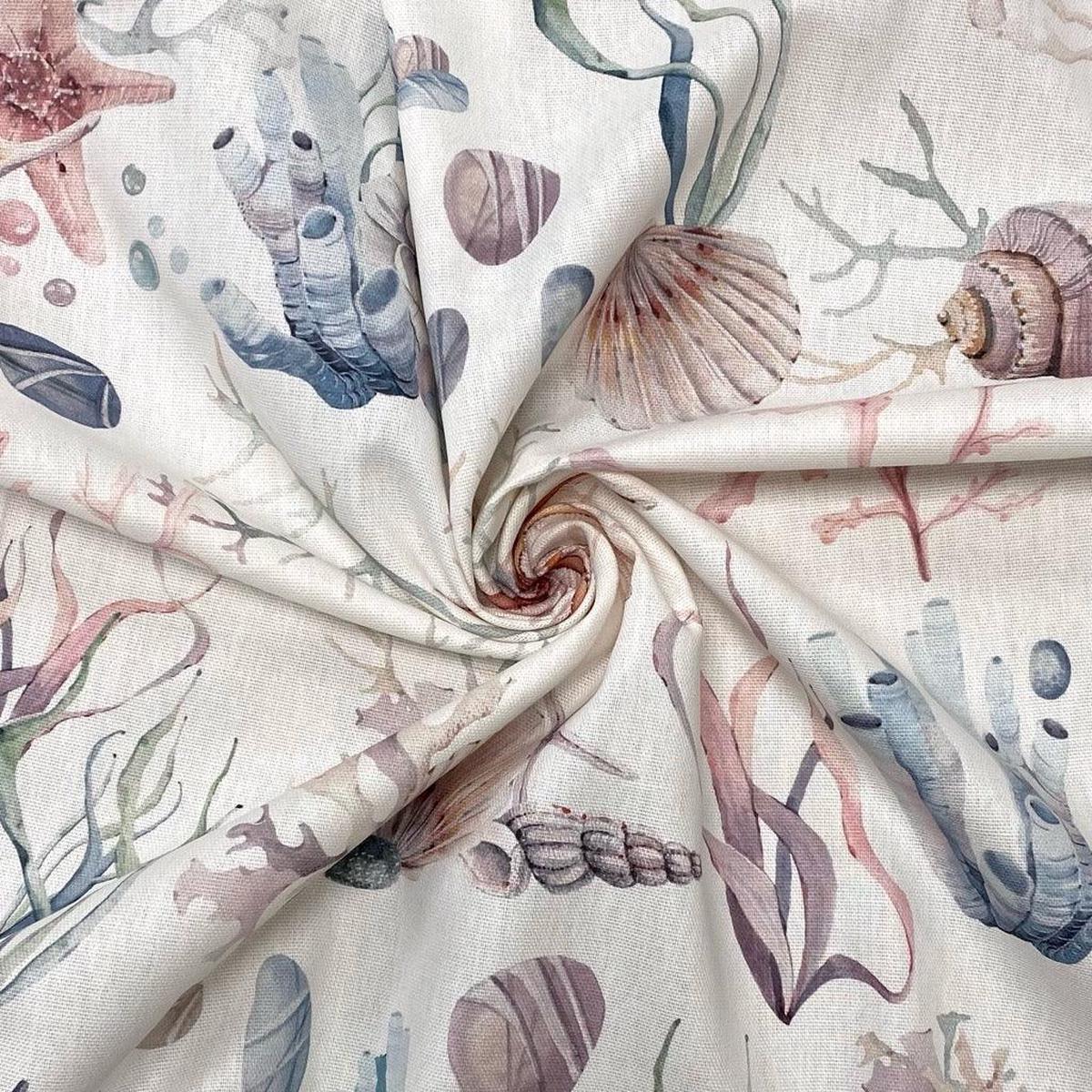 Sea Life on White Cotton Canvas Fabric