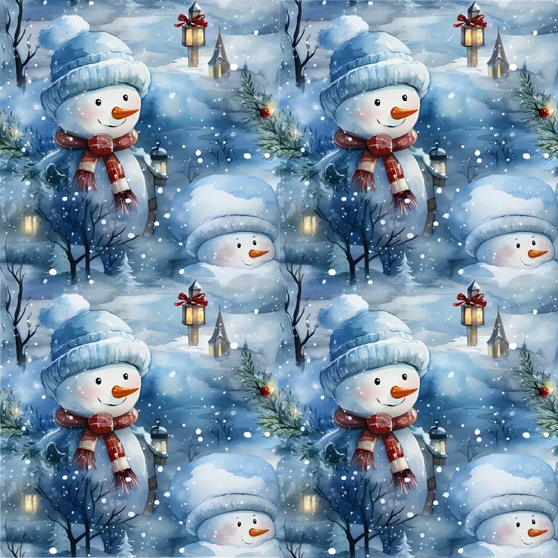 A Snowmans Winter at Night with Lanterns #3 Fabric
