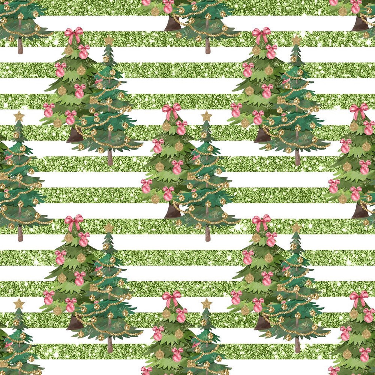 Christmas Trees on Horizontal Stripes Fabric - Green