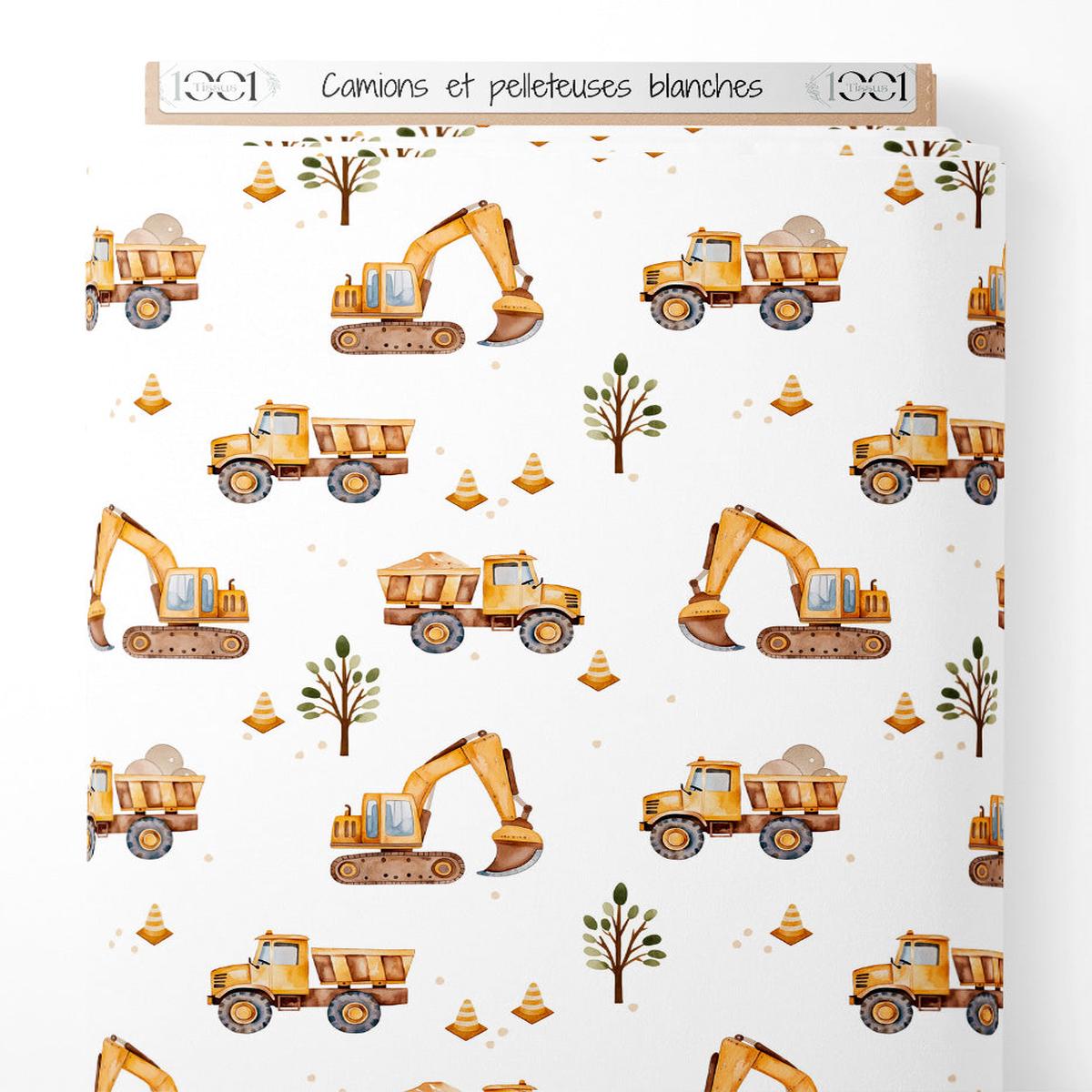 Tissu - Camions et pelleteuses blanches