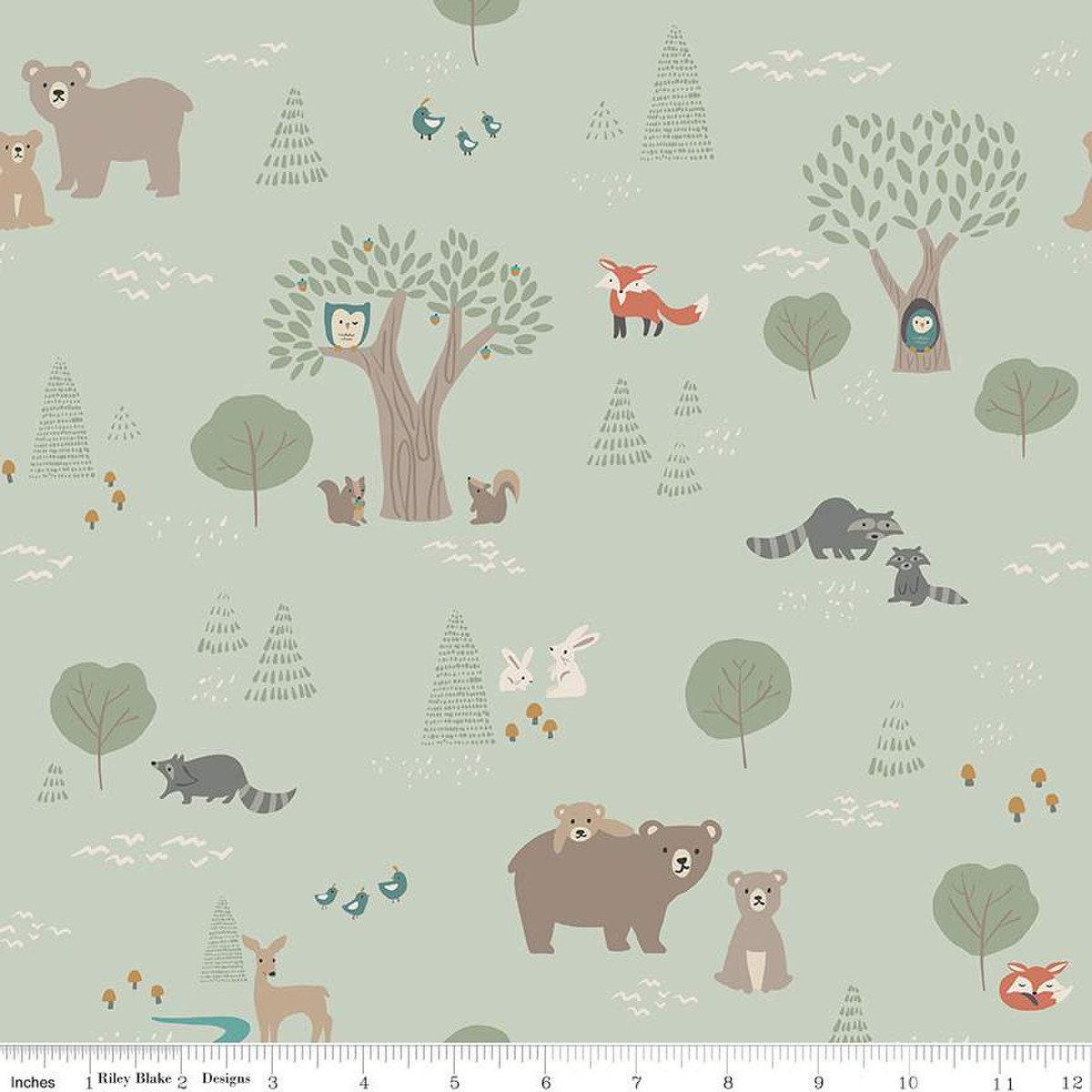 16" End of Bolt - Elmer & Eloise Main C14240 Tea Green - Riley Blake - Bears Rabbits Foxes Owls Racoons Squirrels Trees - Quilting Cotton