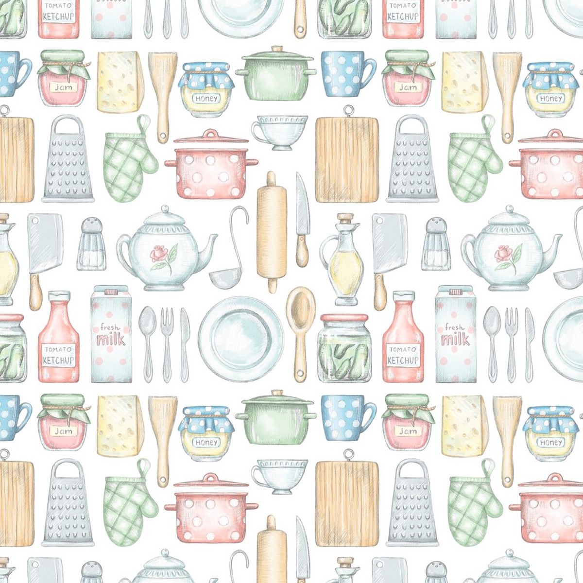 Cooking Utensils In The Kitchen Fabric - White