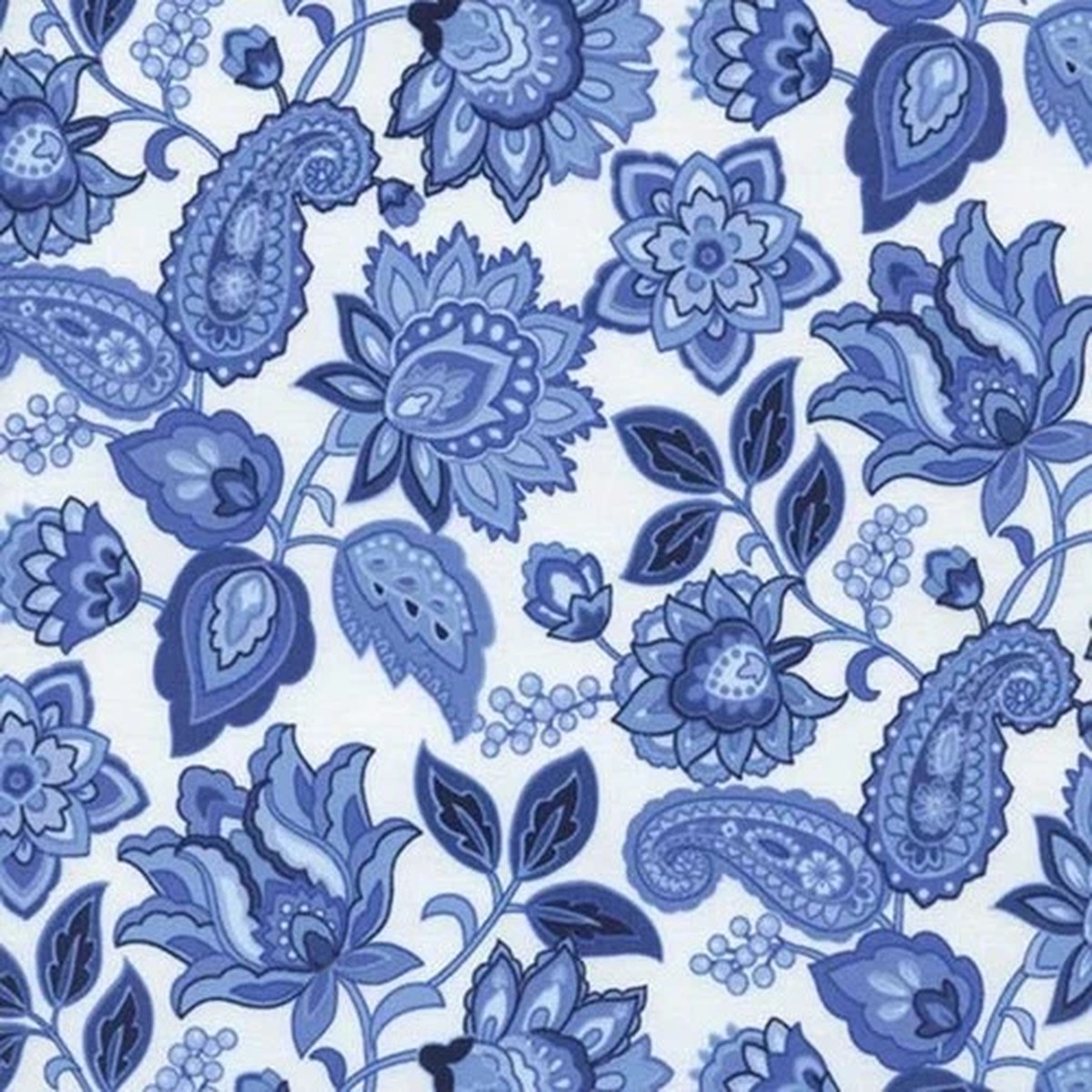 Blue Jacobean Floral Paisley White Cotton Fabric By The Yard CHARLETTO-C9755