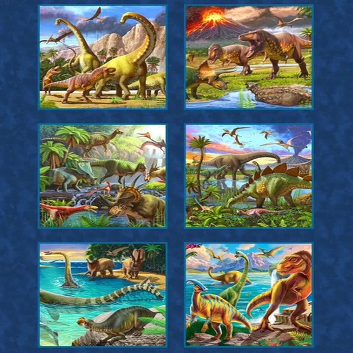 53x44" Fabric Panel | David Textiles Dino-Mite Dinosaur Jungle Blocks Blue