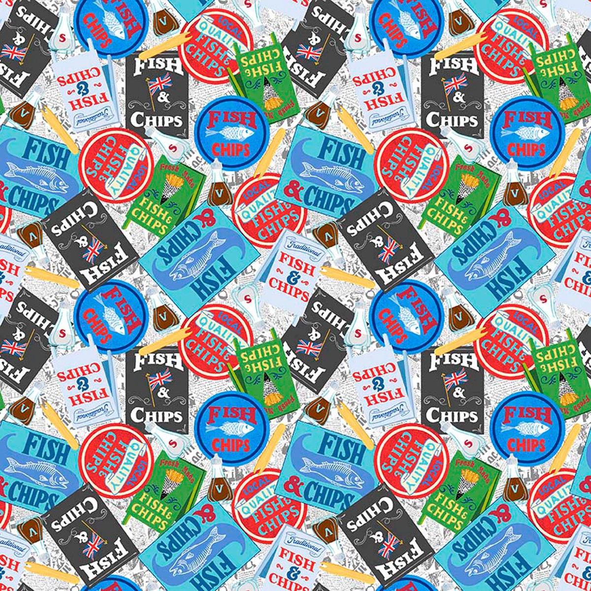 By The Seashore Fish & Chips Multi Blue Vintage Ads Fabric - 31888 - QT Fabrics Quilting Cotton Fabric
