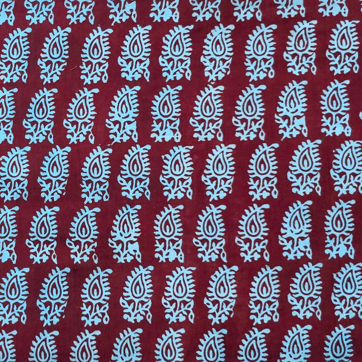 Pure Cotton Bagh Marron And Blue Small Kairi With Border Hand Block Print Fabric