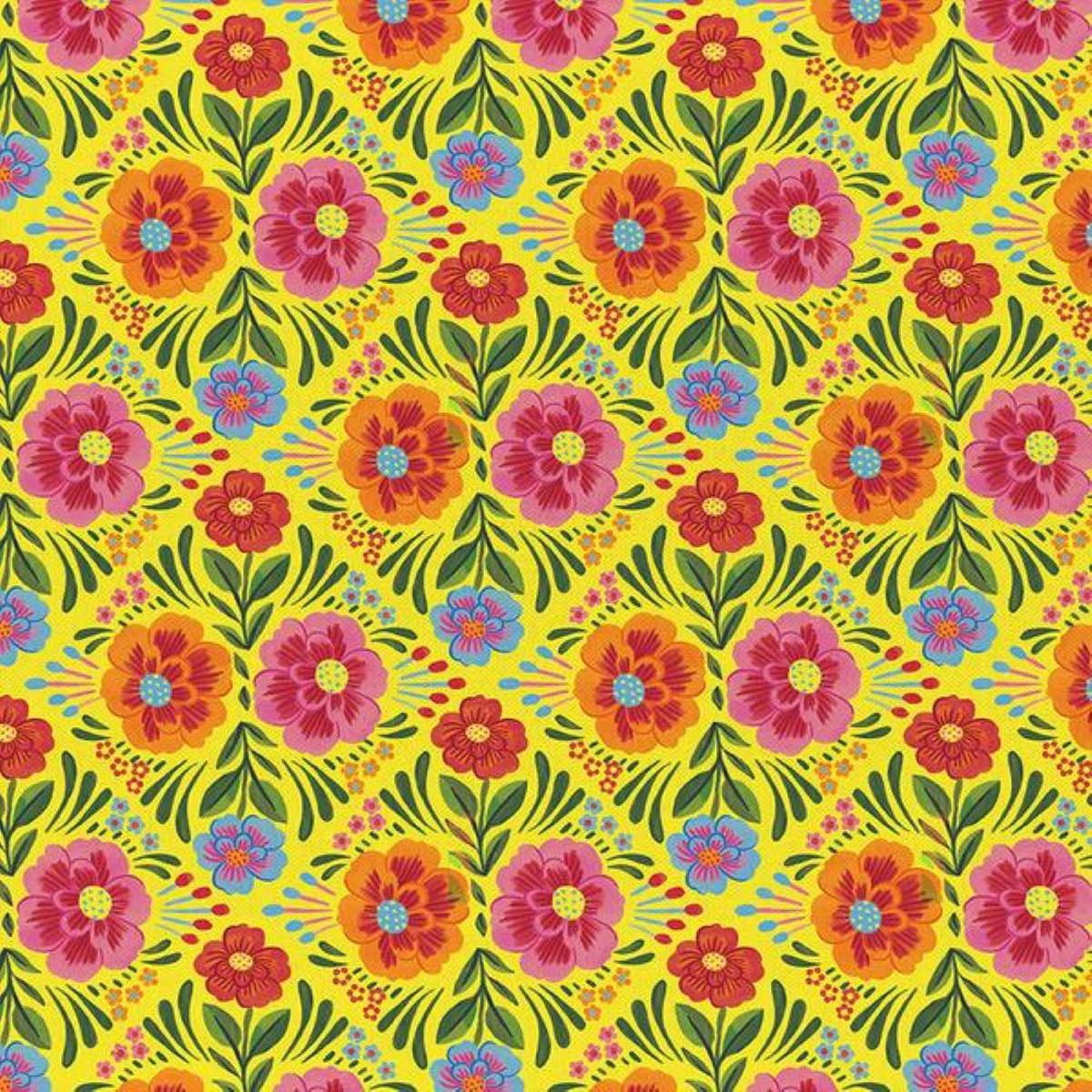 Viva Mexico! Floral Yellow- Paintbrush Studio Cotton Fabrics - 1/2 Yard