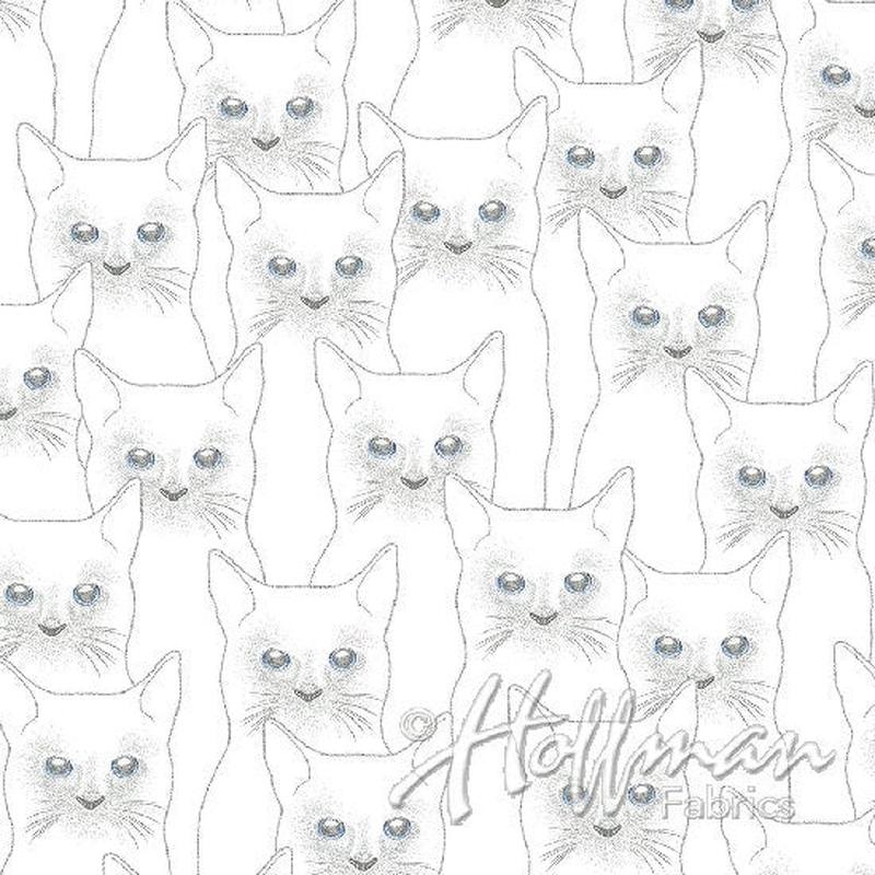 Cats Silver Cats on White Metallic Cotton Woven Fabric
