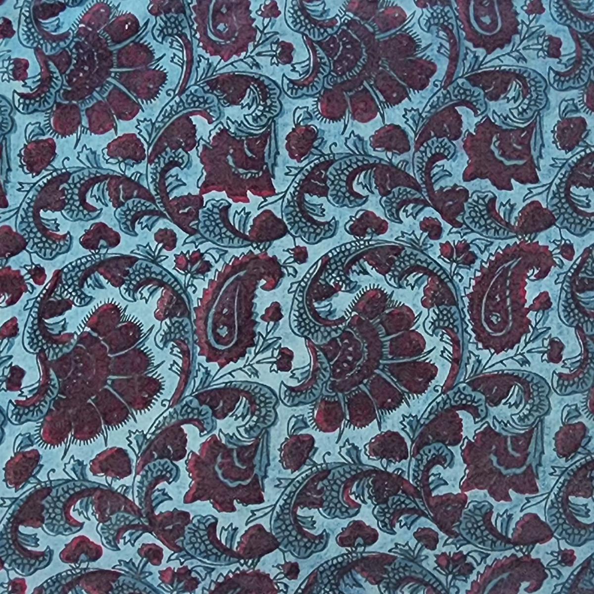 Pure Cotton Vanaspati Dark Teal With Maroon Paisley Flower Hand Block Print Fabric