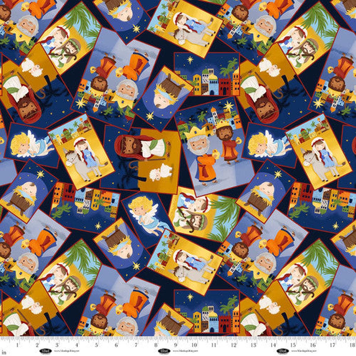 Fabric Blank Quilting Blue Nativity Squares Tossed Away in a Manger by the Quarter Yard 4193-77