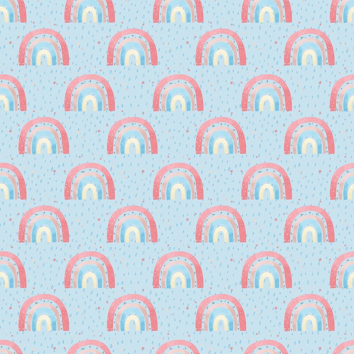 Rain Drops Rainbows Fabric - Blue