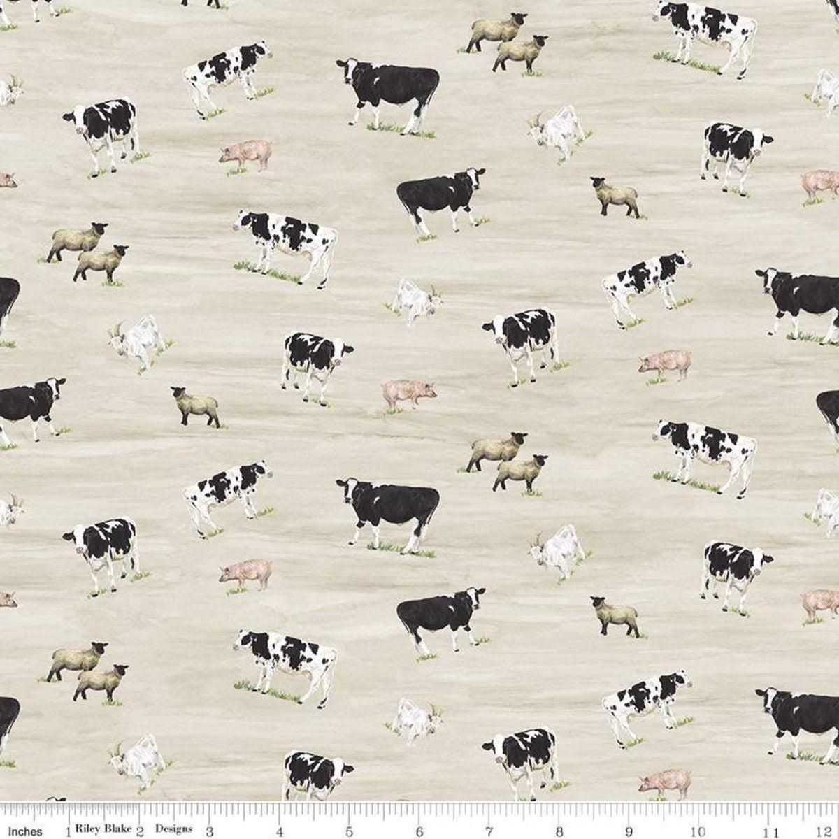 31" End of Bolt - CLEARANCE Barn Quilts Animals CD11051 Parchment - Riley Blake - DIGITALLY PRINTED Cows Sheep Goats Pigs - Quilting Cotton