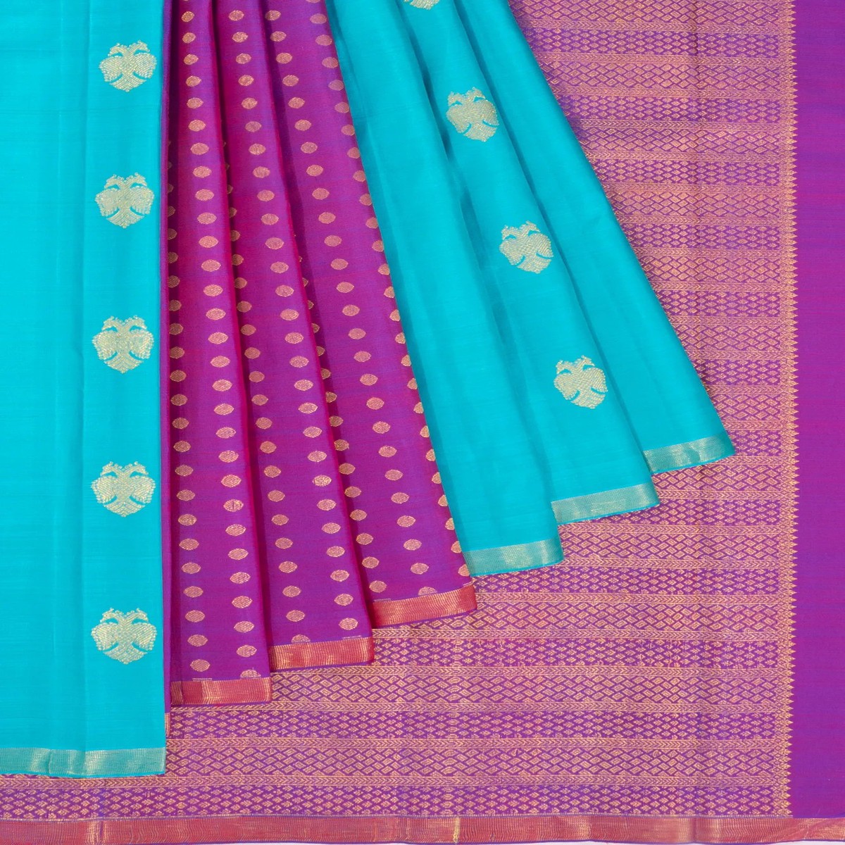 Kanchipuram Silk Butta Half-n-Half Sky Blue And Purple Saree