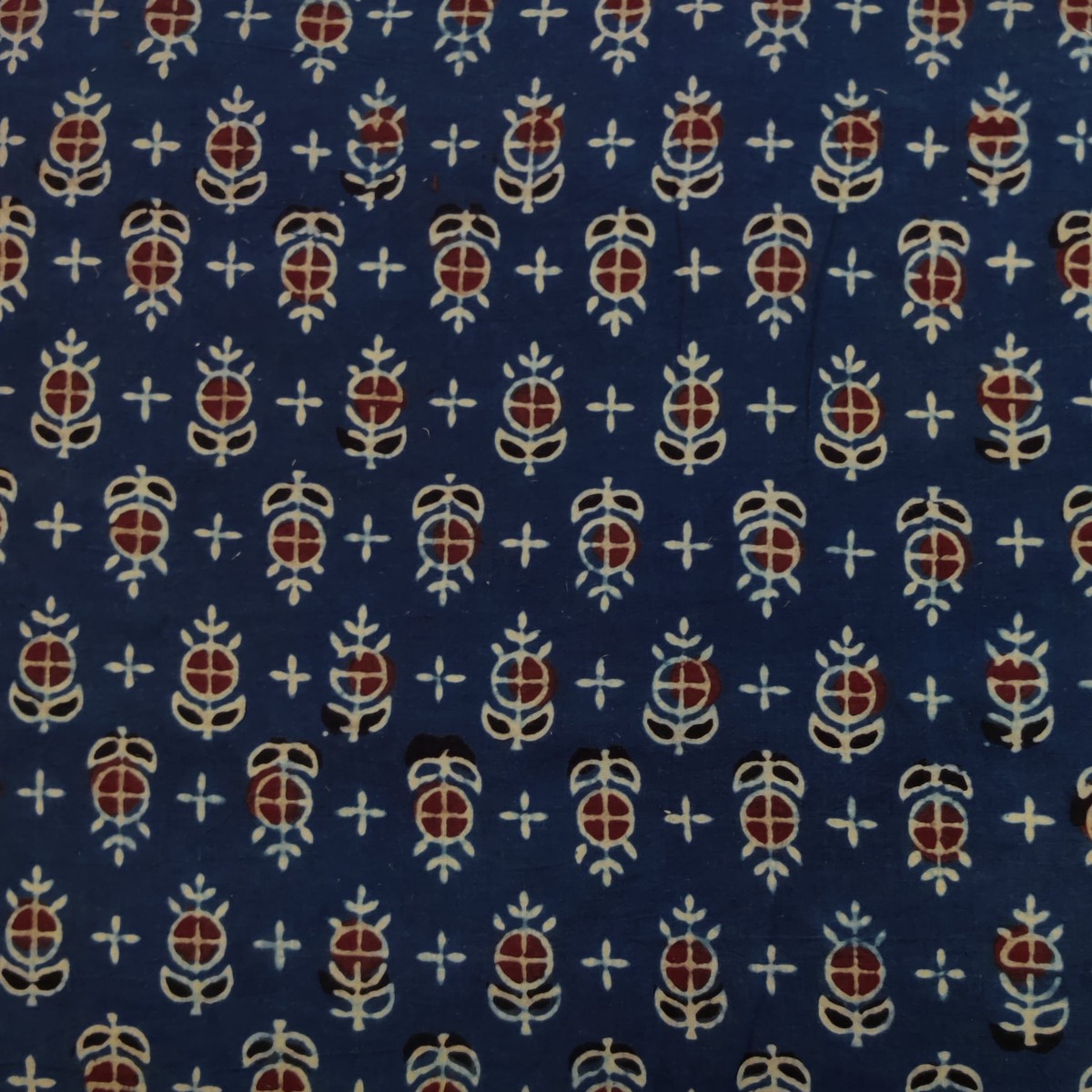 Pure Cotton Ajrak Persian Blue With Small Motif Hand Block Print Fabric