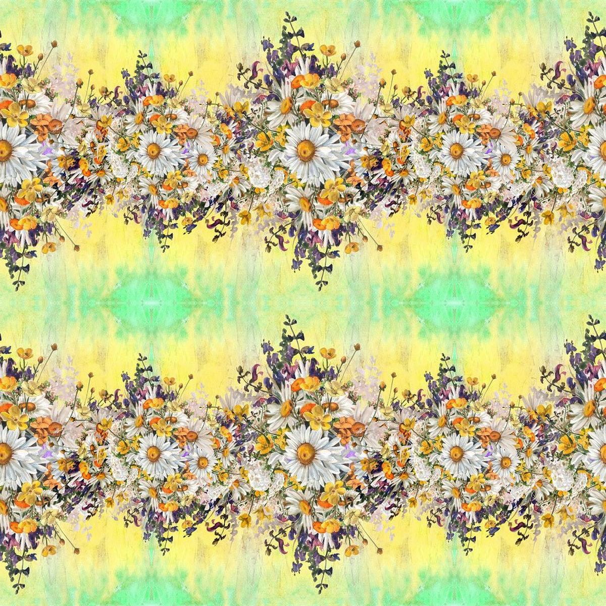 Horizontal Chamomile Flowers Border Fabric - GreenYellow