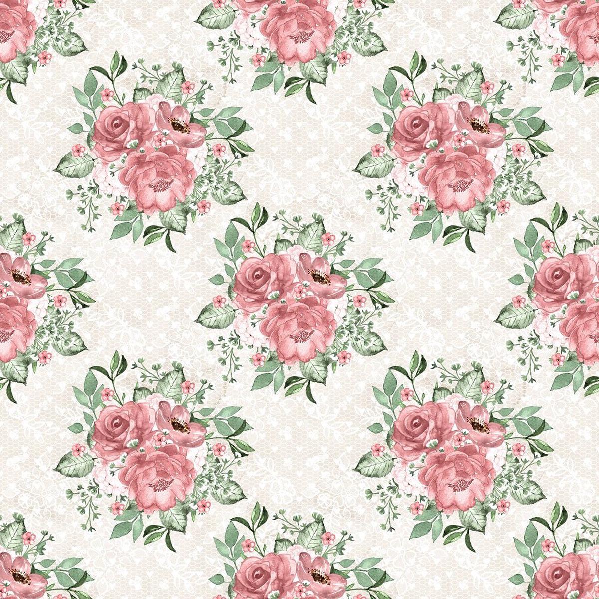 Dusty Rose Garden on Lace Fabric - Tan