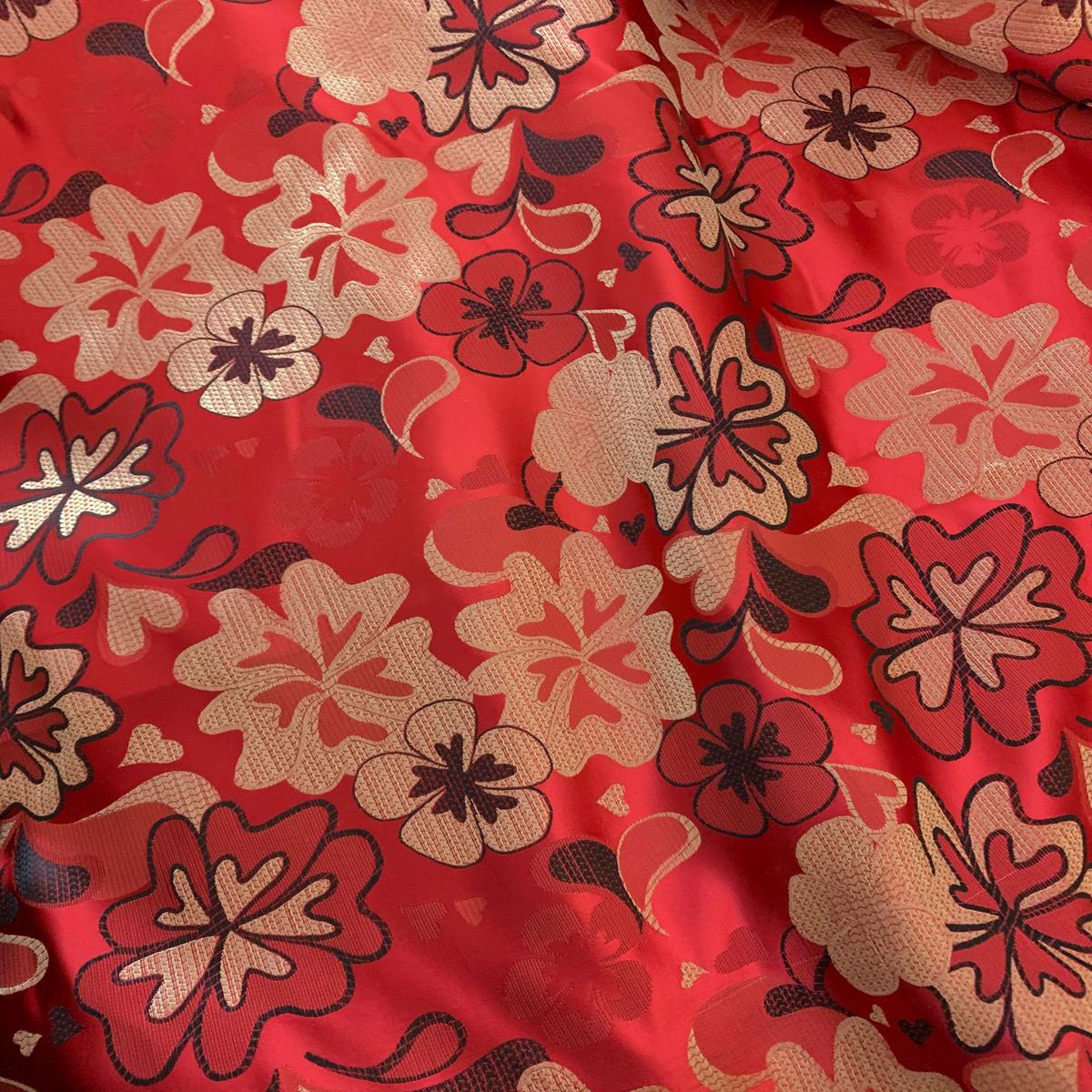 Red & Gold Floral - Faux Silk Brocade Fabric