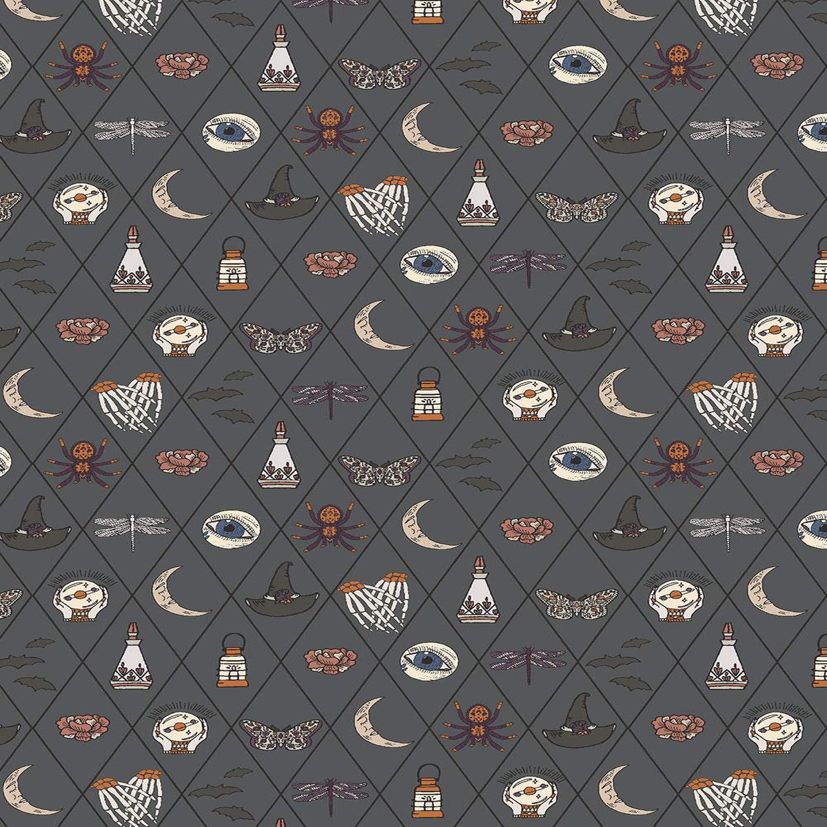 Victorian Nightmares Witches' Weave By Quirky Paisley For RJR Fabrics Asphalt