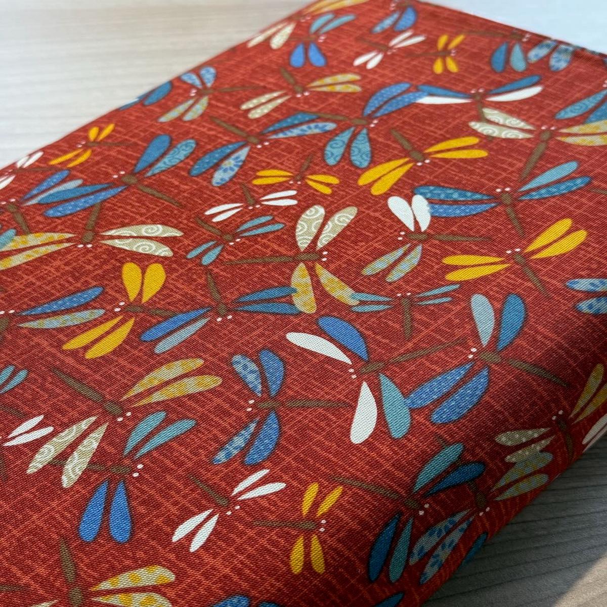 Japanese fabric "Tanbo no odori" - multicolored dragonflies on red background (price for 10cm)