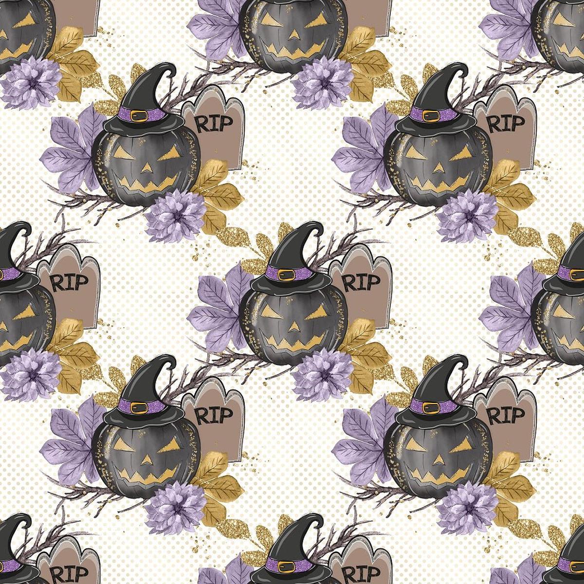 Black Pumpkins on Gold Dots Fabric - White