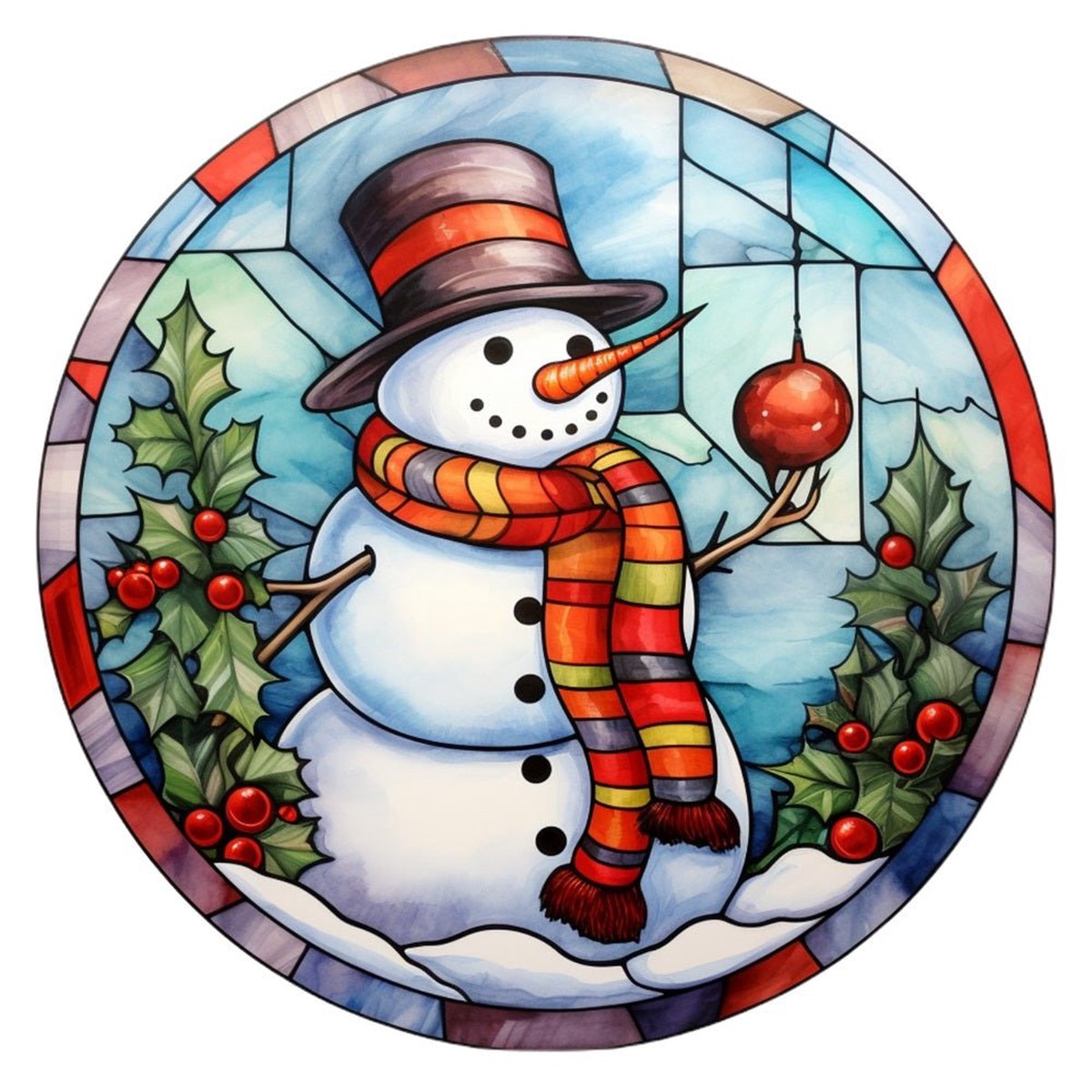 Stained Glass Snowman 6 Fabric Panel