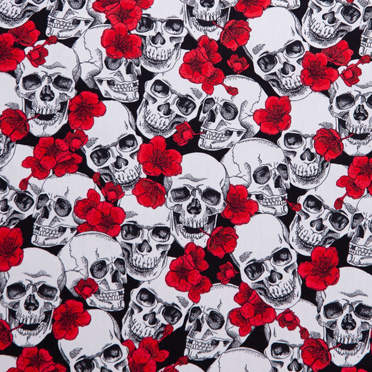 Cotton Poplin Print - Red/White Skulls & Roses - Per Metre