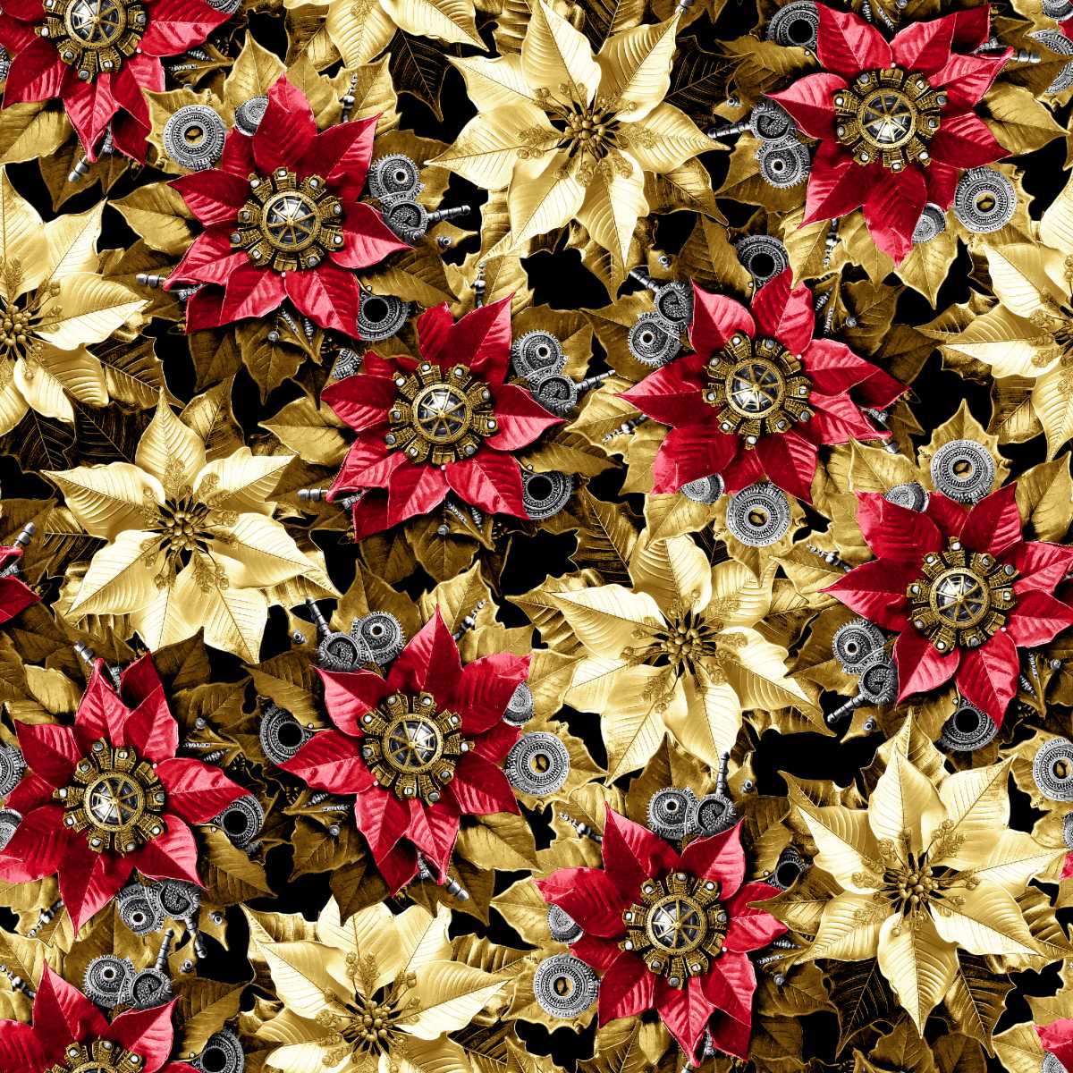 Blank Quilting Gears & Garland 4826 88 Red Steampunk Poinsettias By The Yard