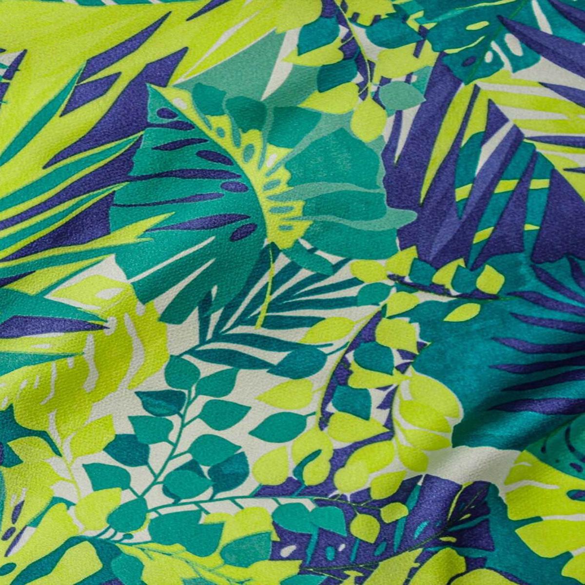 Tropical Leaves Bubble Satin Citrus / Teal
