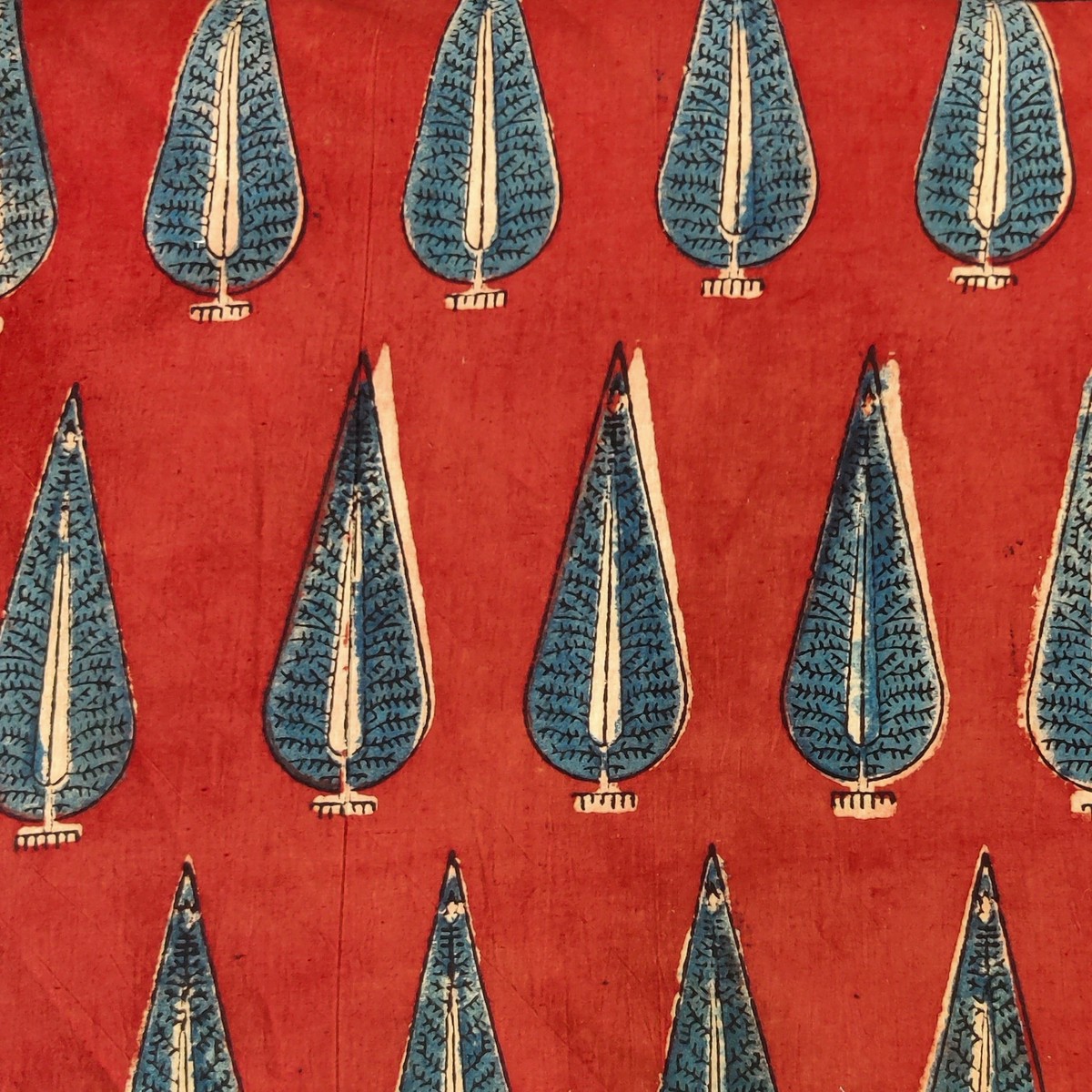 Pure Cotton Ajrak Madder With Blue Cypress Tree Hand Block Print Fabric