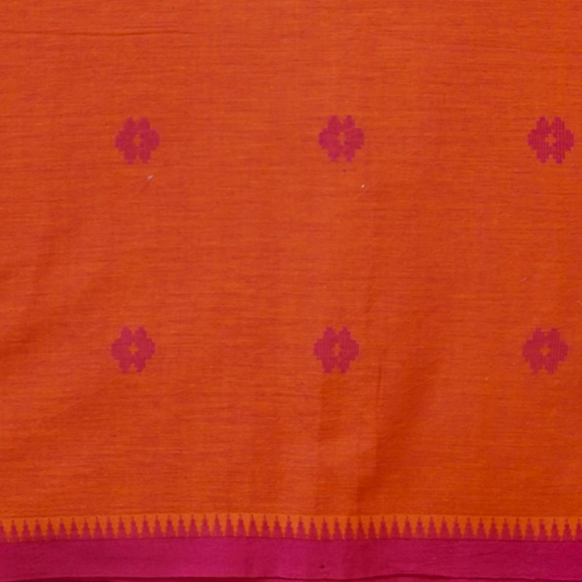 Pure Cotton Handloom Orange With Pink Flower Motif And Temple Border Woven Fabric