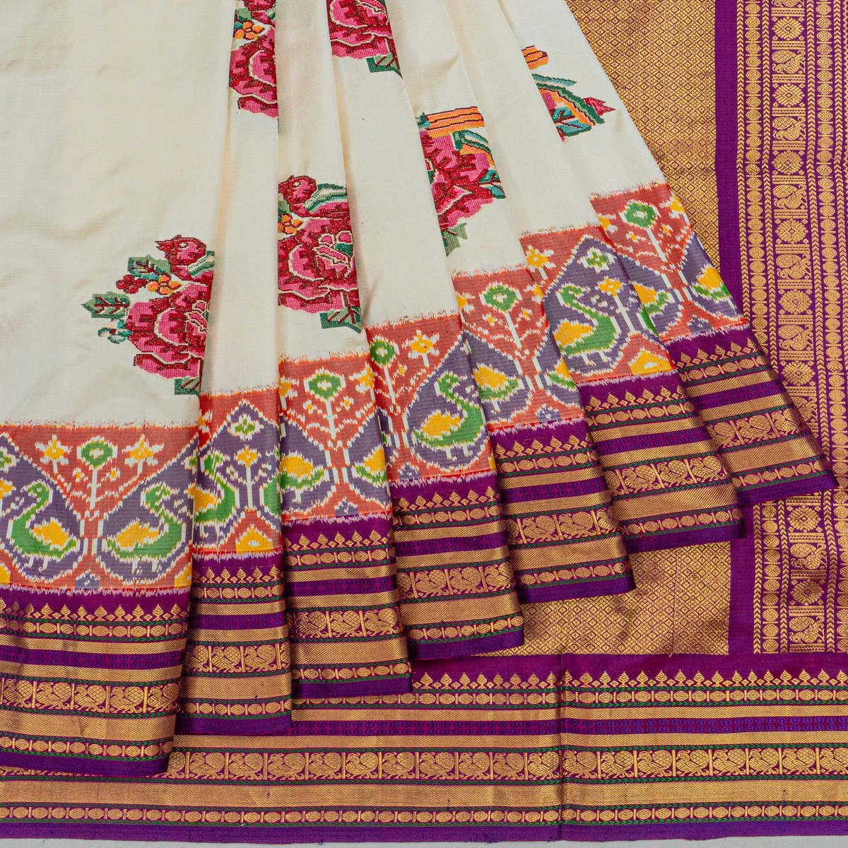 Kanchipuram Silk Ikat Floral Embroidery White Saree With Ikat Blouse