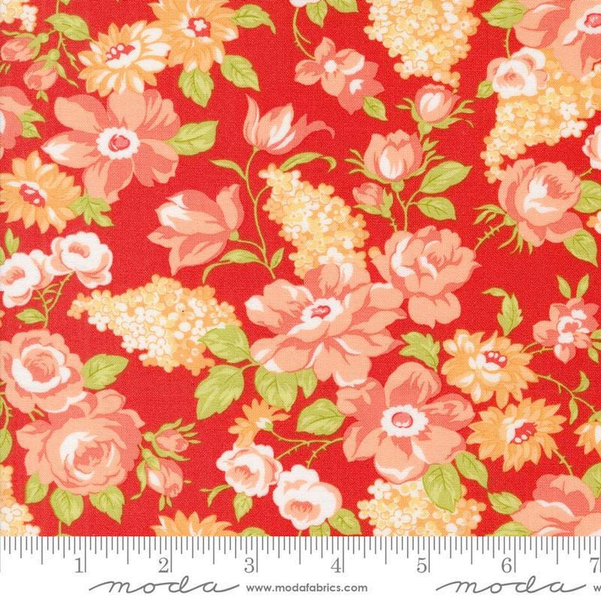 SALE Portofino Florals 35390 Pomegranate - Moda Fabrics - Blossoms Flowers Floral Petals Leaves Leaf - Quilting Cotton Fabric