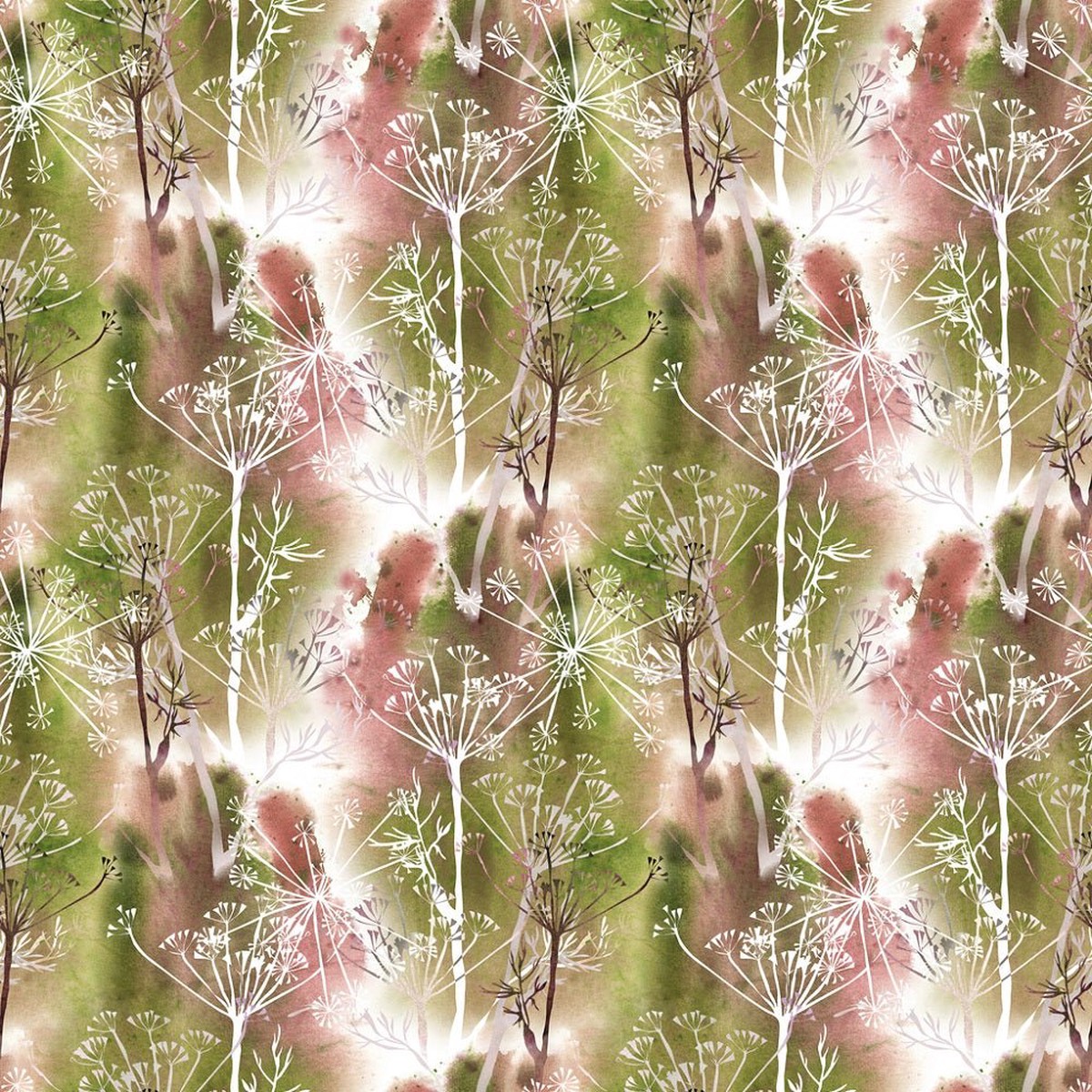 Watercolor Grunge Dill Flowers Fabric - GreenPink