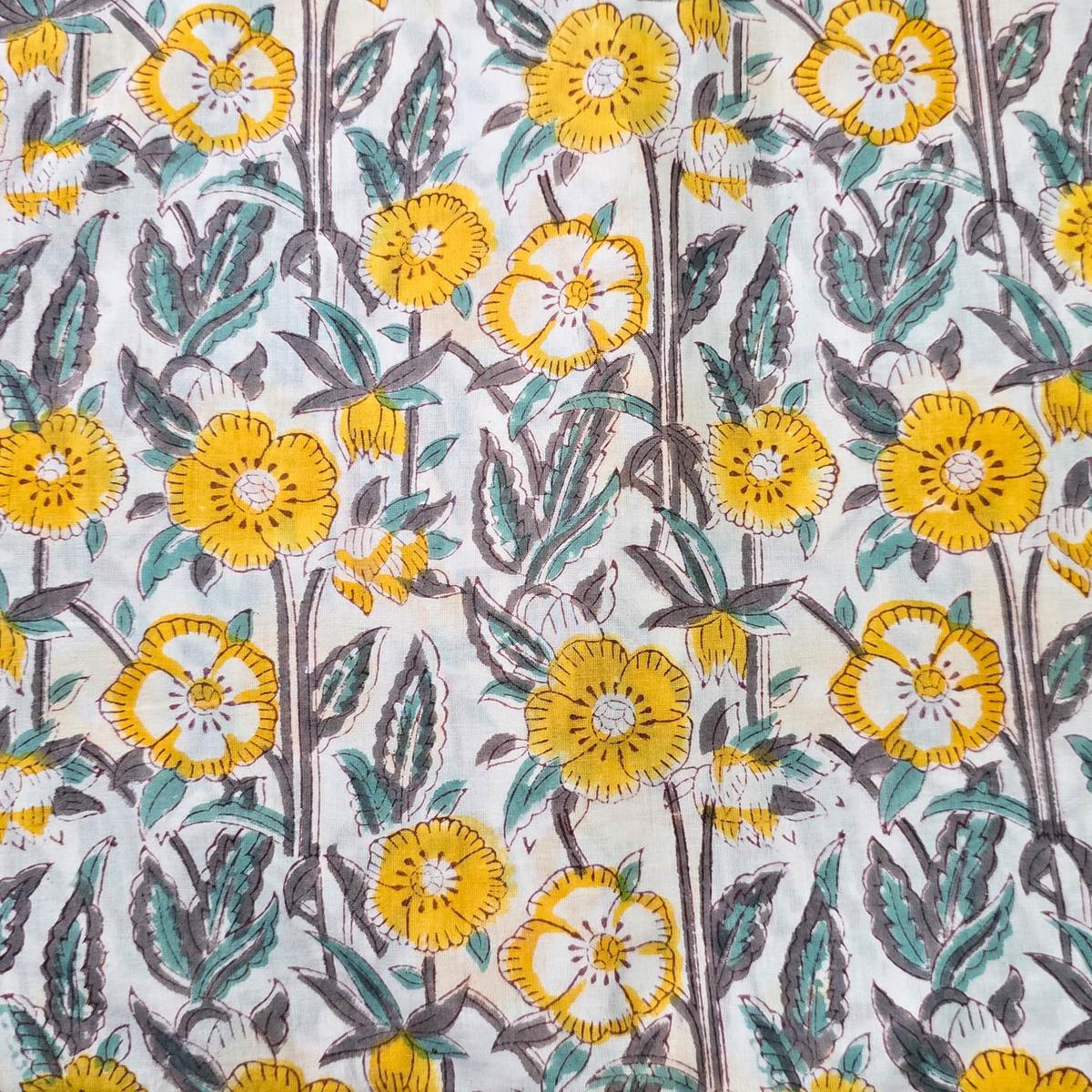 Pure Cotton Jaipuri White With Yellow And Grey Creeper Hand Block Print Fabric
