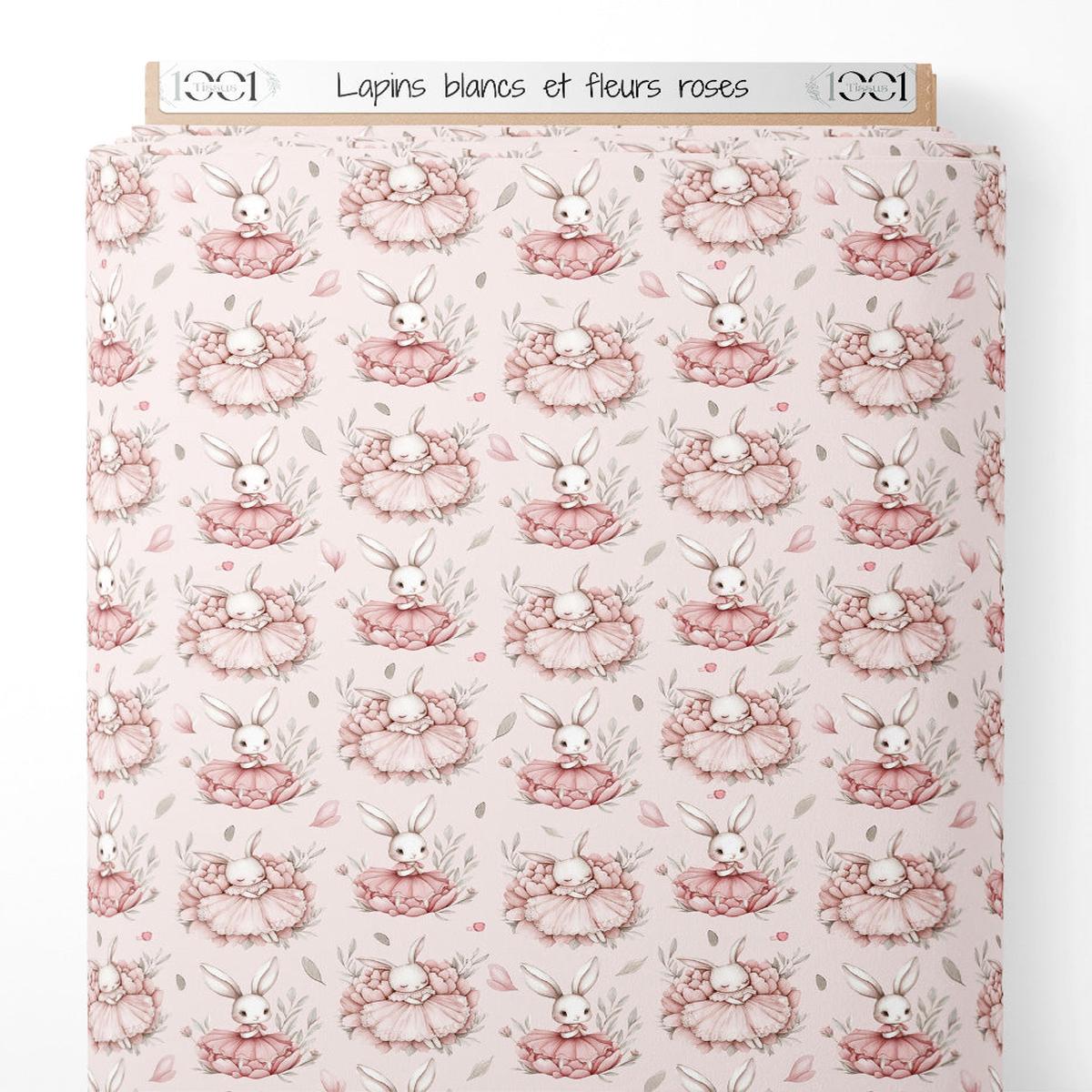 Tissu - Lapins blancs et fleurs roses