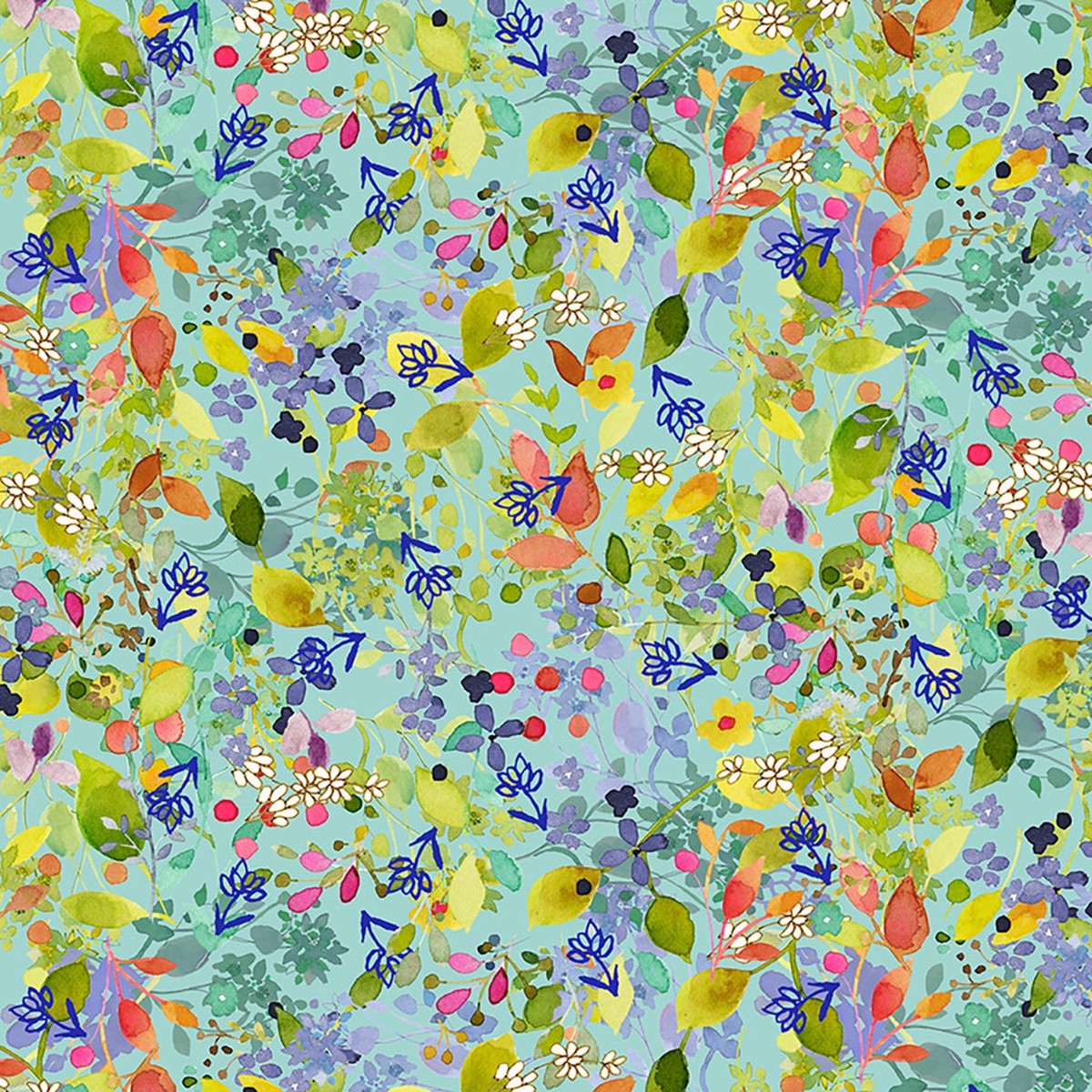 Clothworks Painted Patchwork - Foliage in Light Aqua