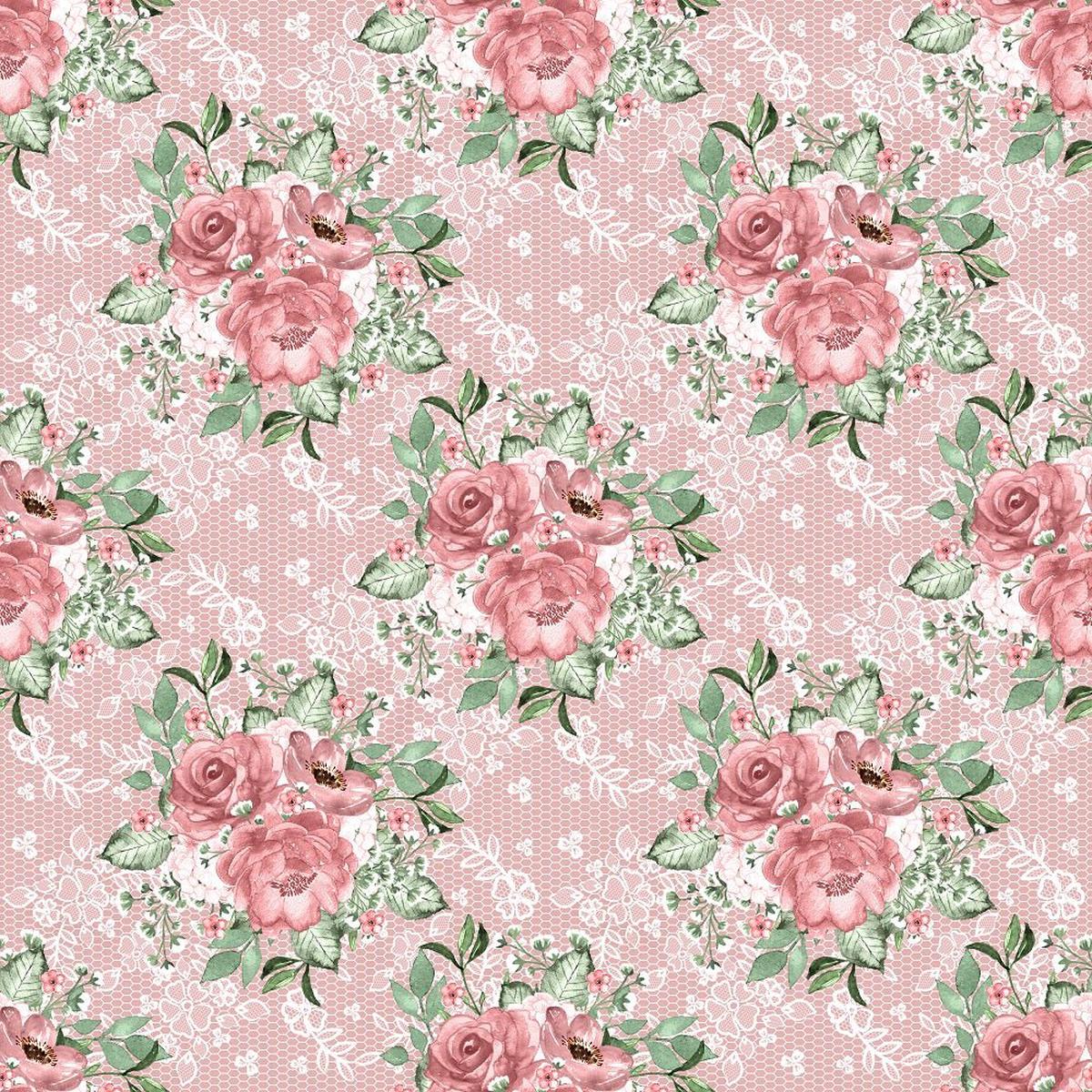 Dusty Rose Garden on Lace Fabric - Pink