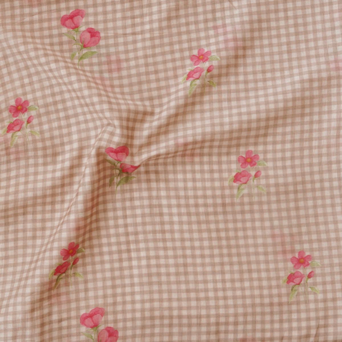 Malai Flowy Floral Light beige Checks With Pink Flower Motif Digital Print Fabric