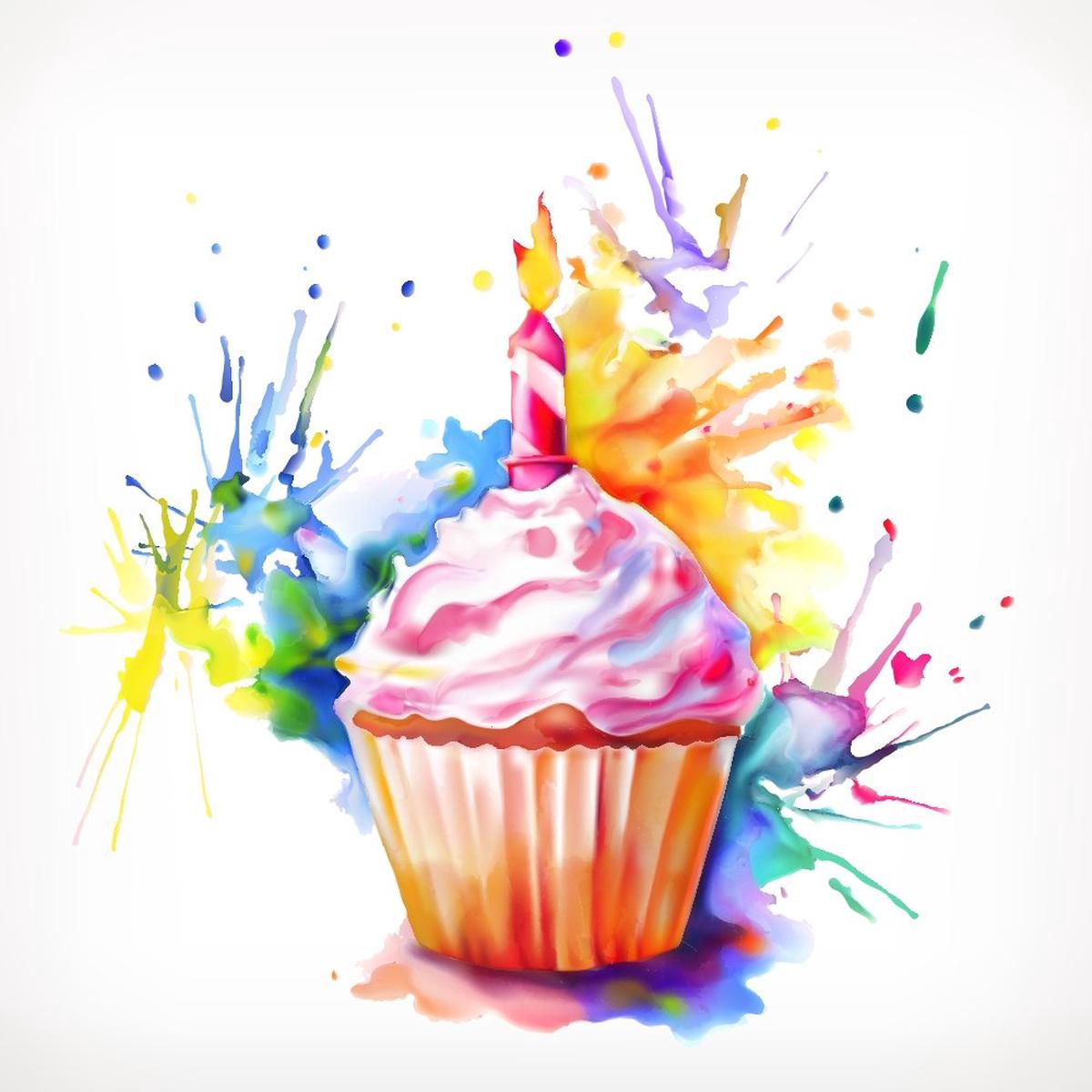 Colorful Watercolor Splash Cupcake Fabric Panel
