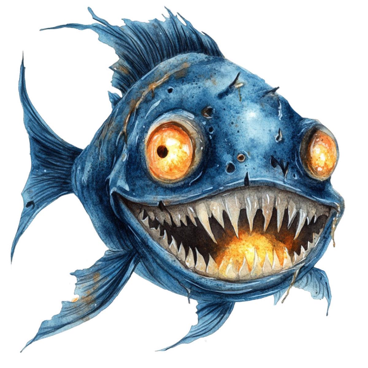 Watercolor Scary Fish Fabric Panel 4