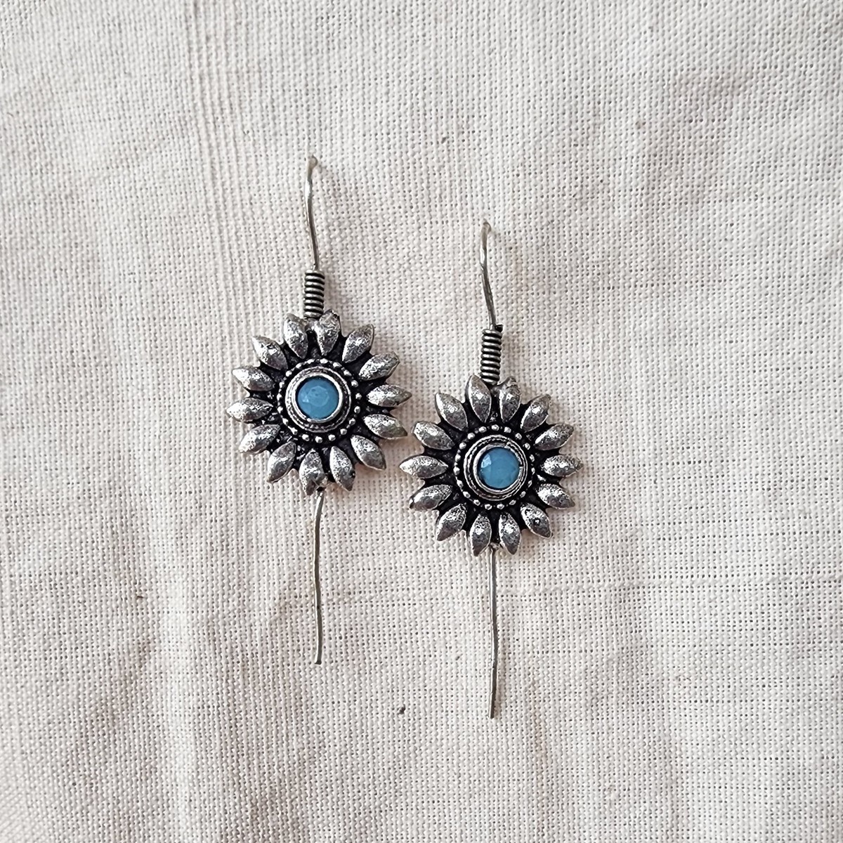 BALAMANI- Light Blue Stone Pin bugadi German Oxidized Earring