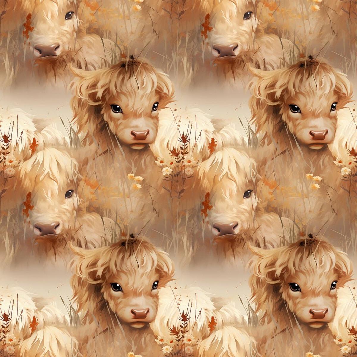 Vintage Highland Cows Flowers 4 Fabric