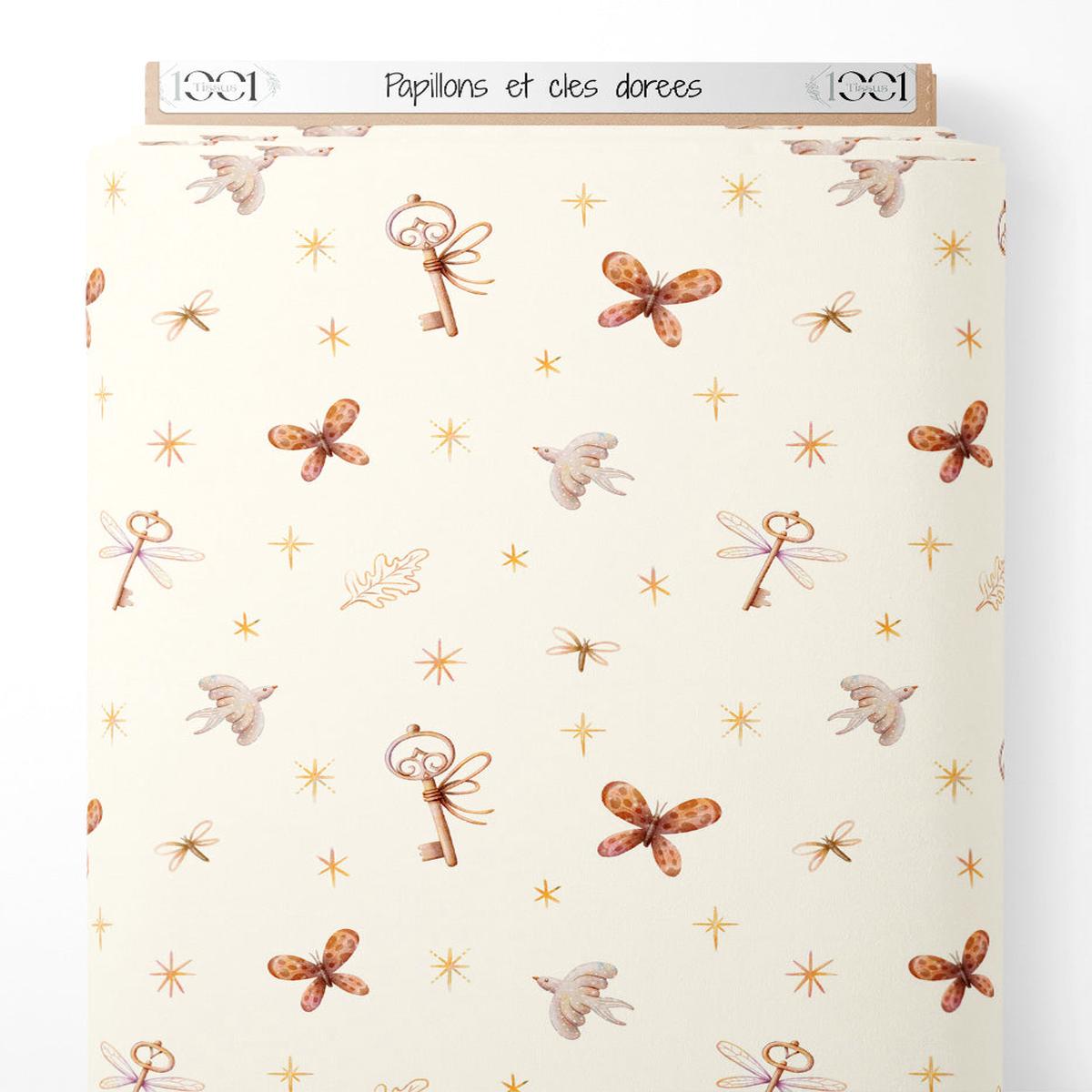Tissu - Papillons et cls dores